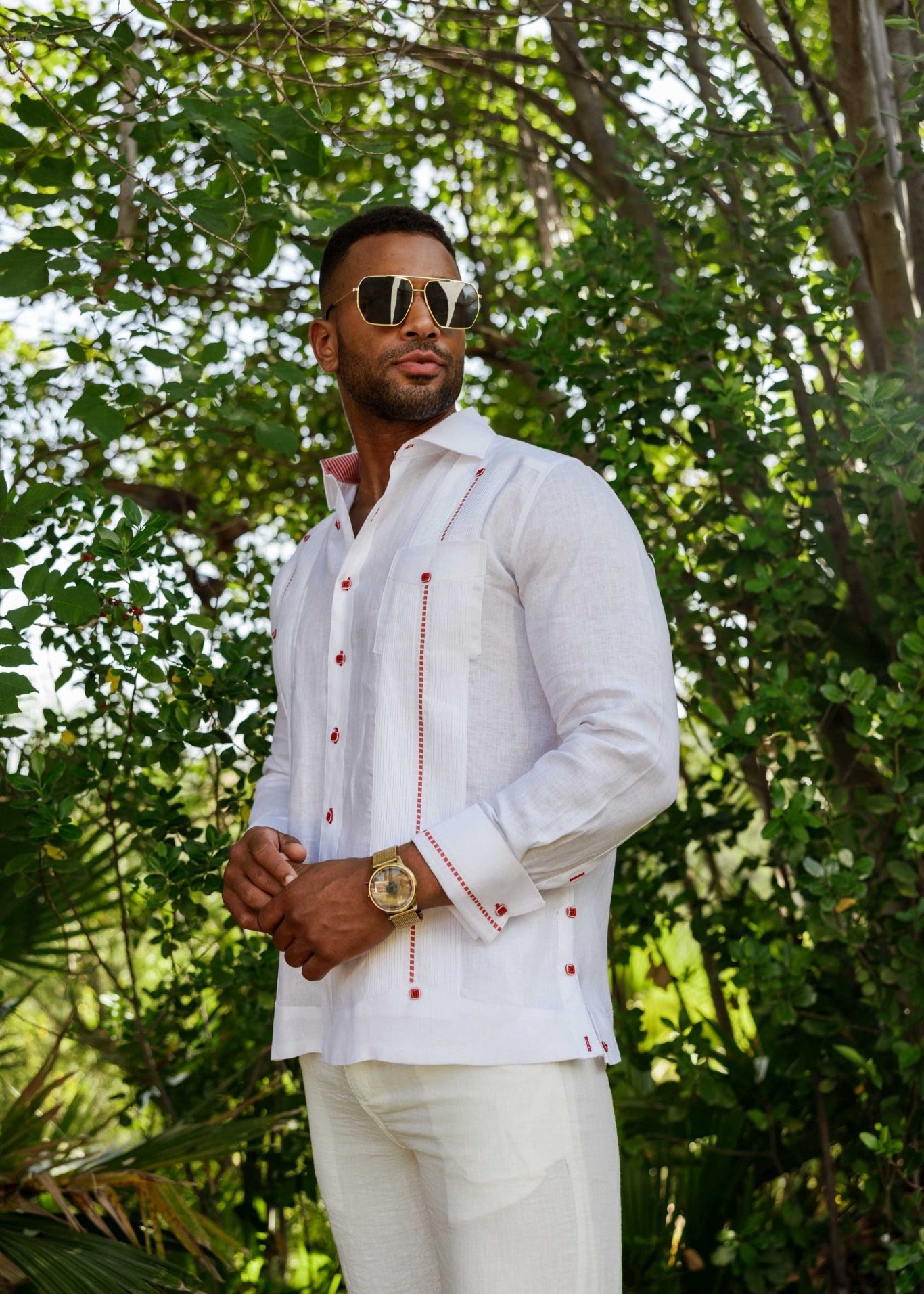 Full view of the Men’s Mojito long sleeve guayabera in white linen, ideal for resort weddings and formal tropical events.