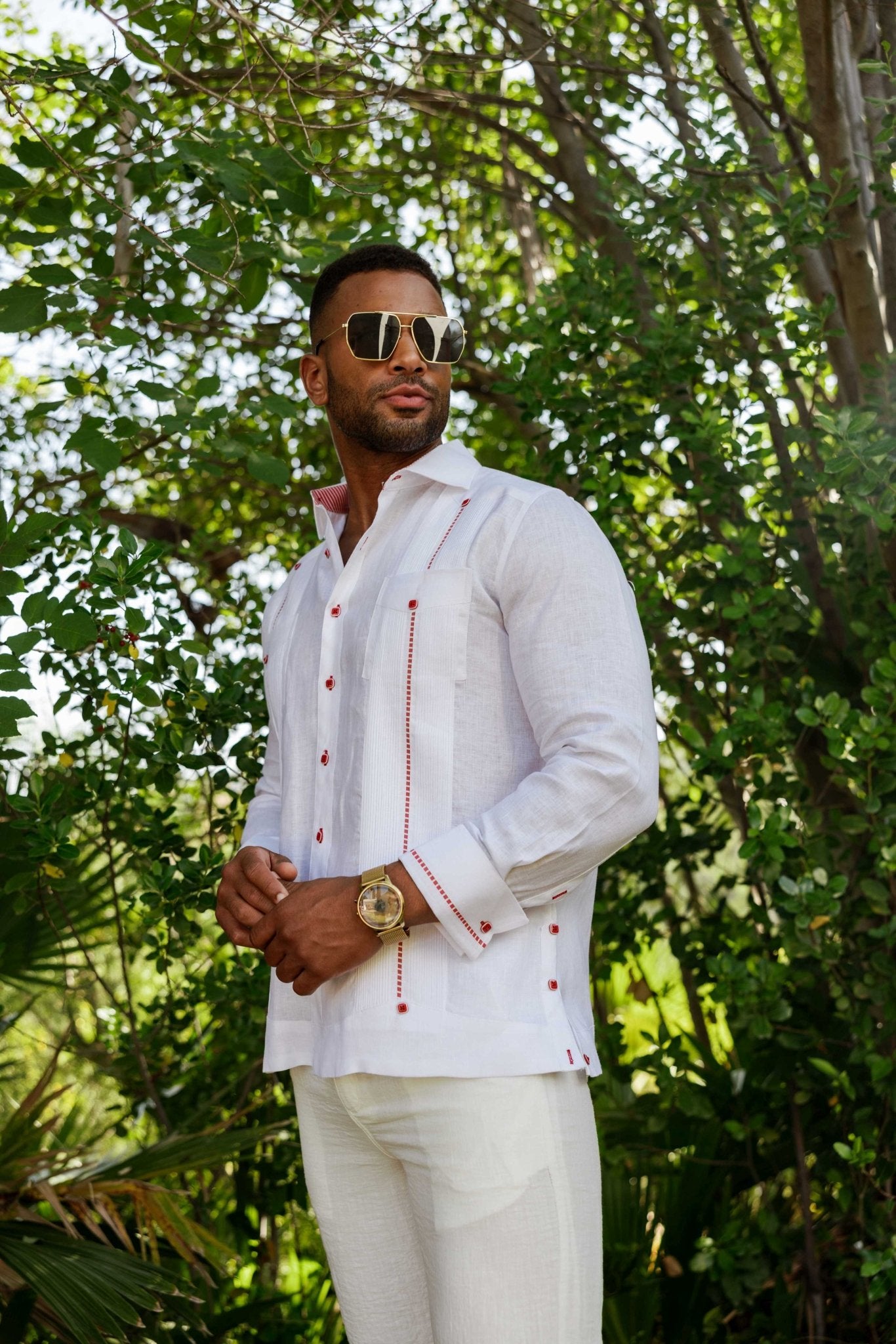 Full view of the Men’s Mojito long sleeve guayabera in white linen, ideal for resort weddings and formal tropical events.