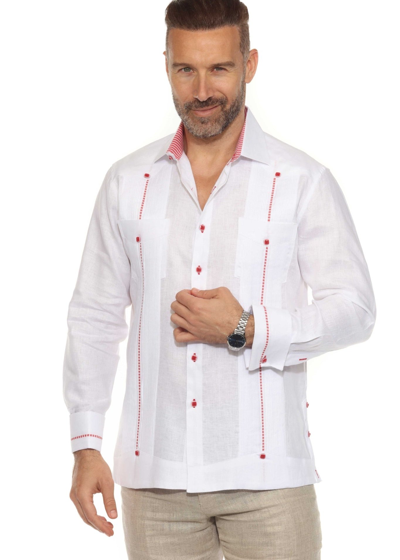 Studio product shot of the Men's 100% Linen Guayabera Shirt in white with red contrast trim and long sleeves.