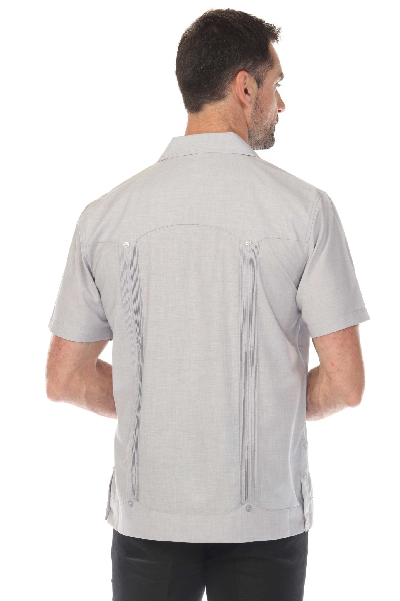 Back view of a gray Men’s Two-Pocket Cross-Dye Guayamisa Shirt with Pleats.