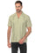A light olive green Men’s Two-Pocket Cross-Dye Guayamisa Shirt with Pleats is shown on a model, front view.