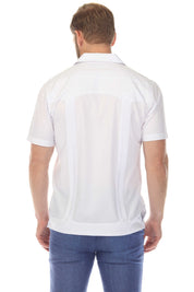 Back view of a white Men’s Two-Pocket Cross-Dye Guayamisa Shirt with Pleats.