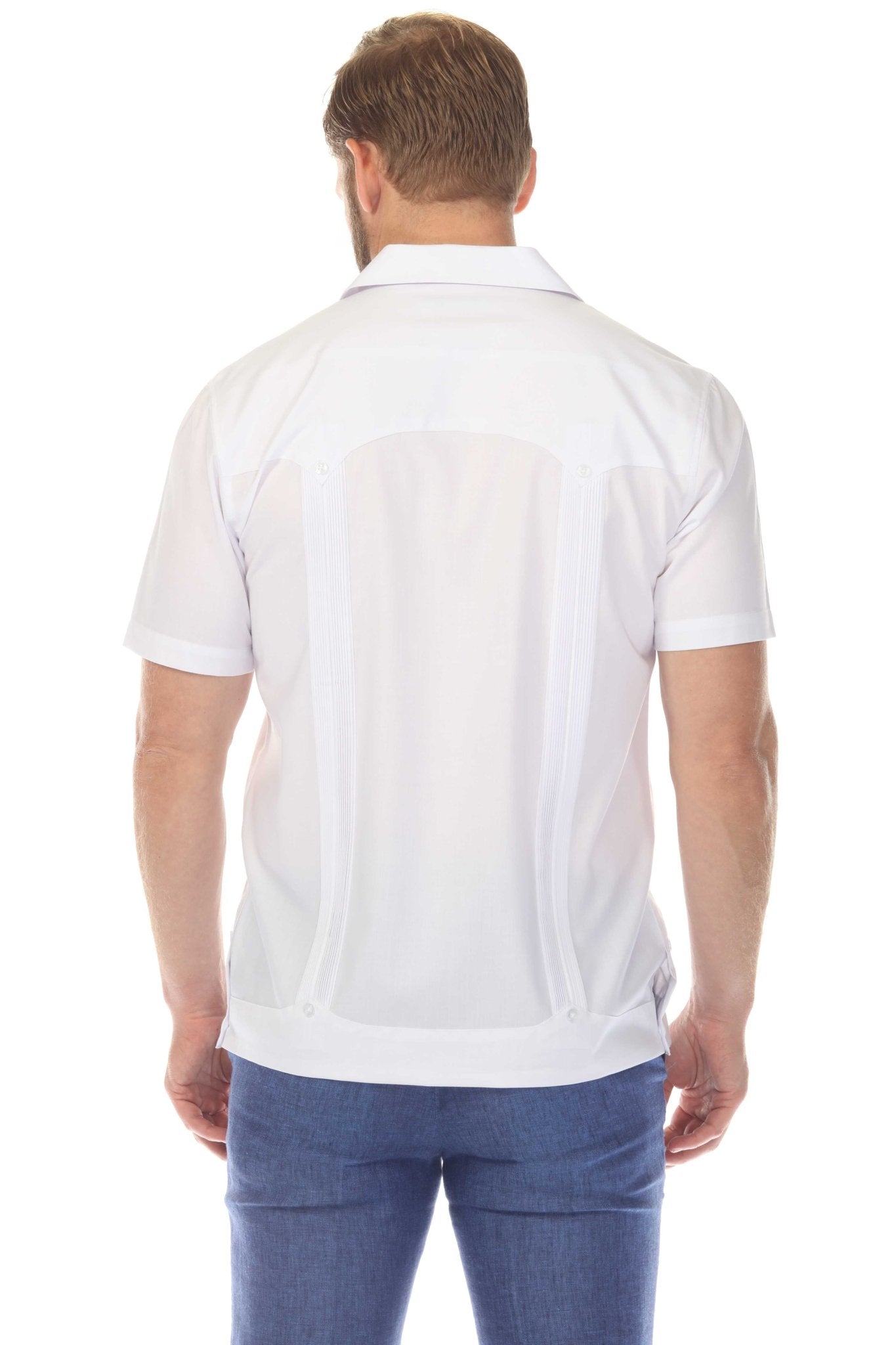 Back view of a white Men’s Two-Pocket Cross-Dye Guayamisa Shirt with Pleats.