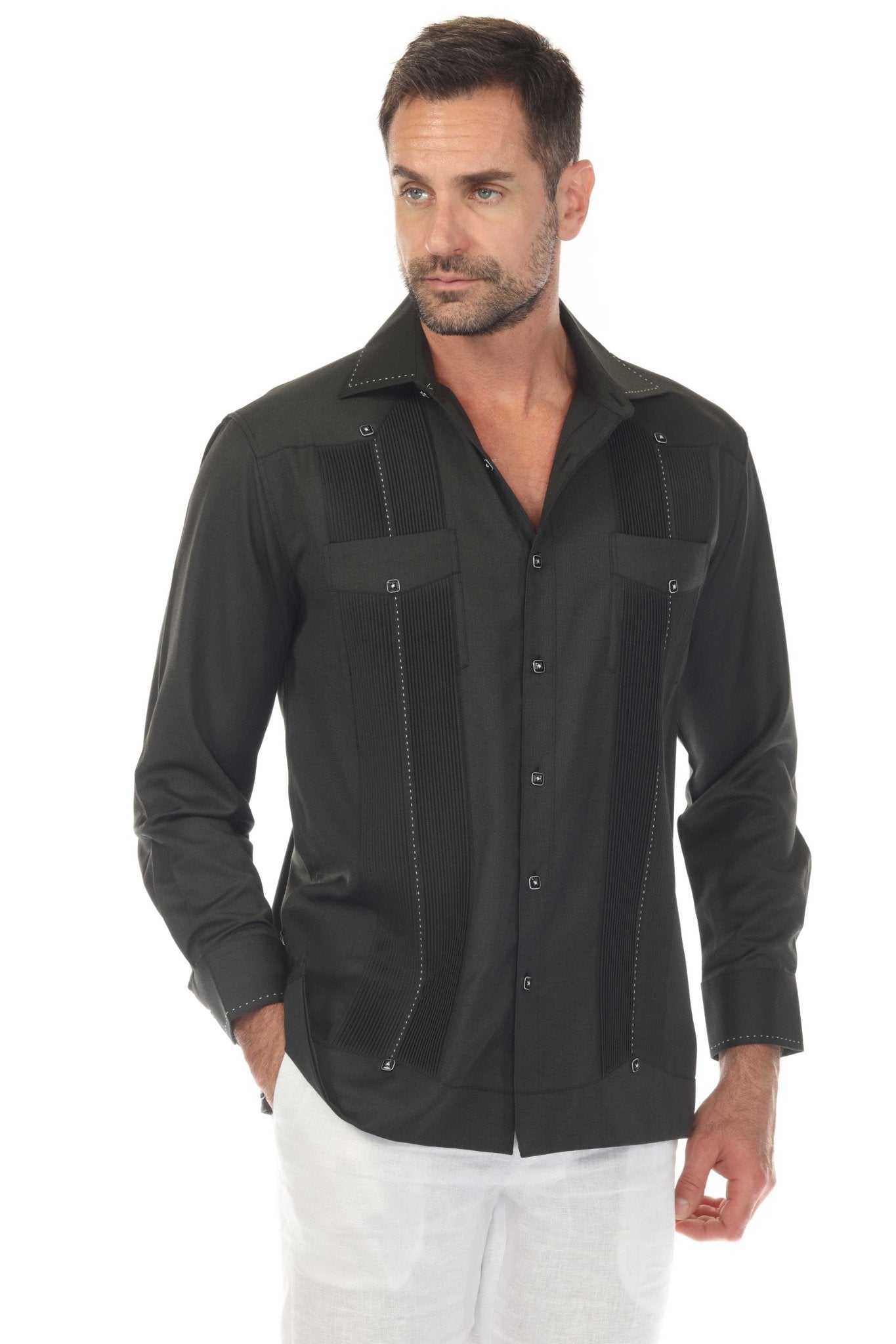Black Men’s Long Sleeve Two-Pocket Guayabera Shirt shown on a model, with pick stitching detail.