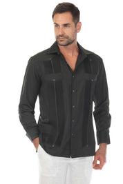 Black Men’s Long Sleeve Two-Pocket Guayabera Shirt shown on a model, with pick stitching detail.