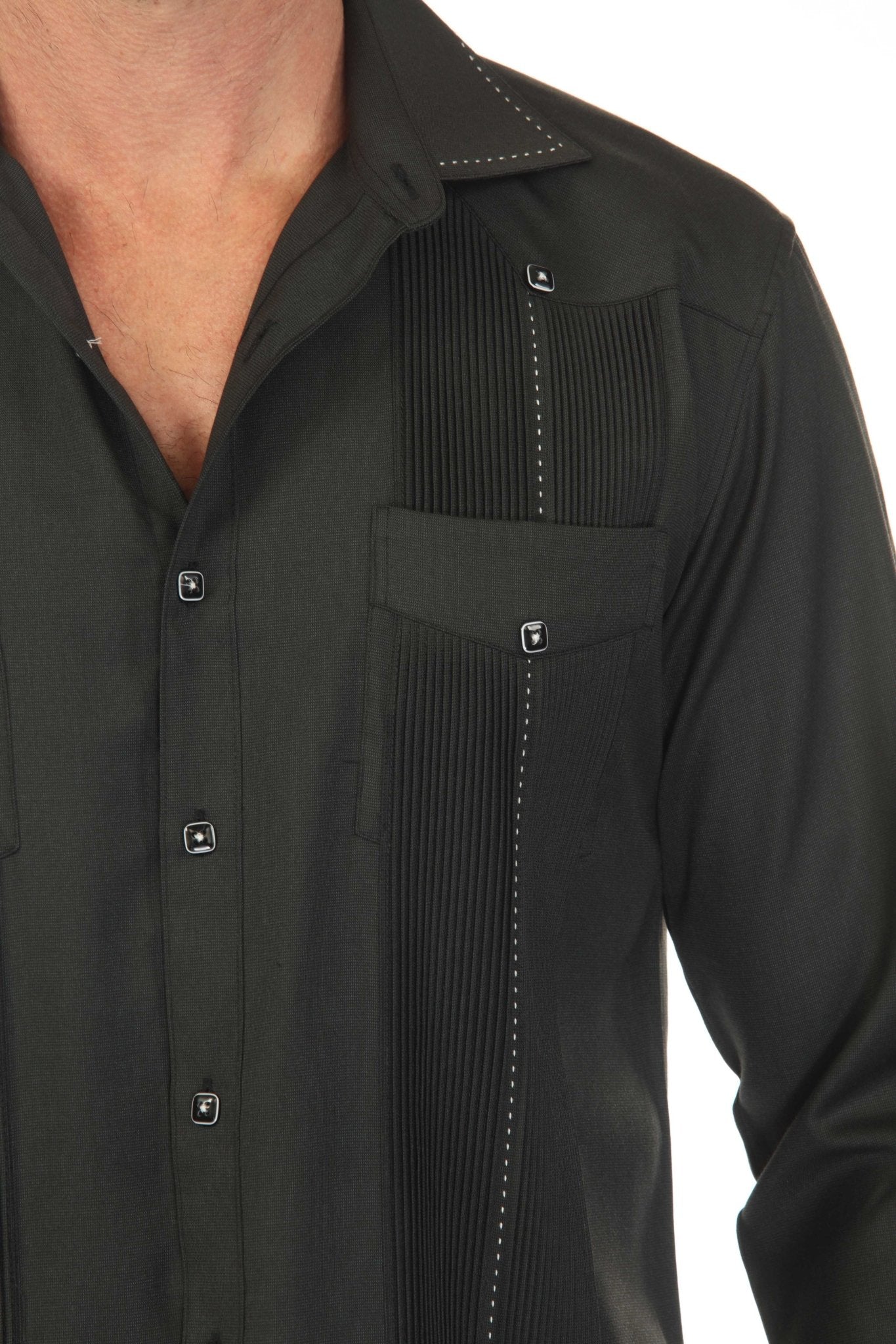 Close-up of a charcoal Men’s Long Sleeve Two-Pocket Guayabera Shirt with pick stitching detail and decorative buttons.