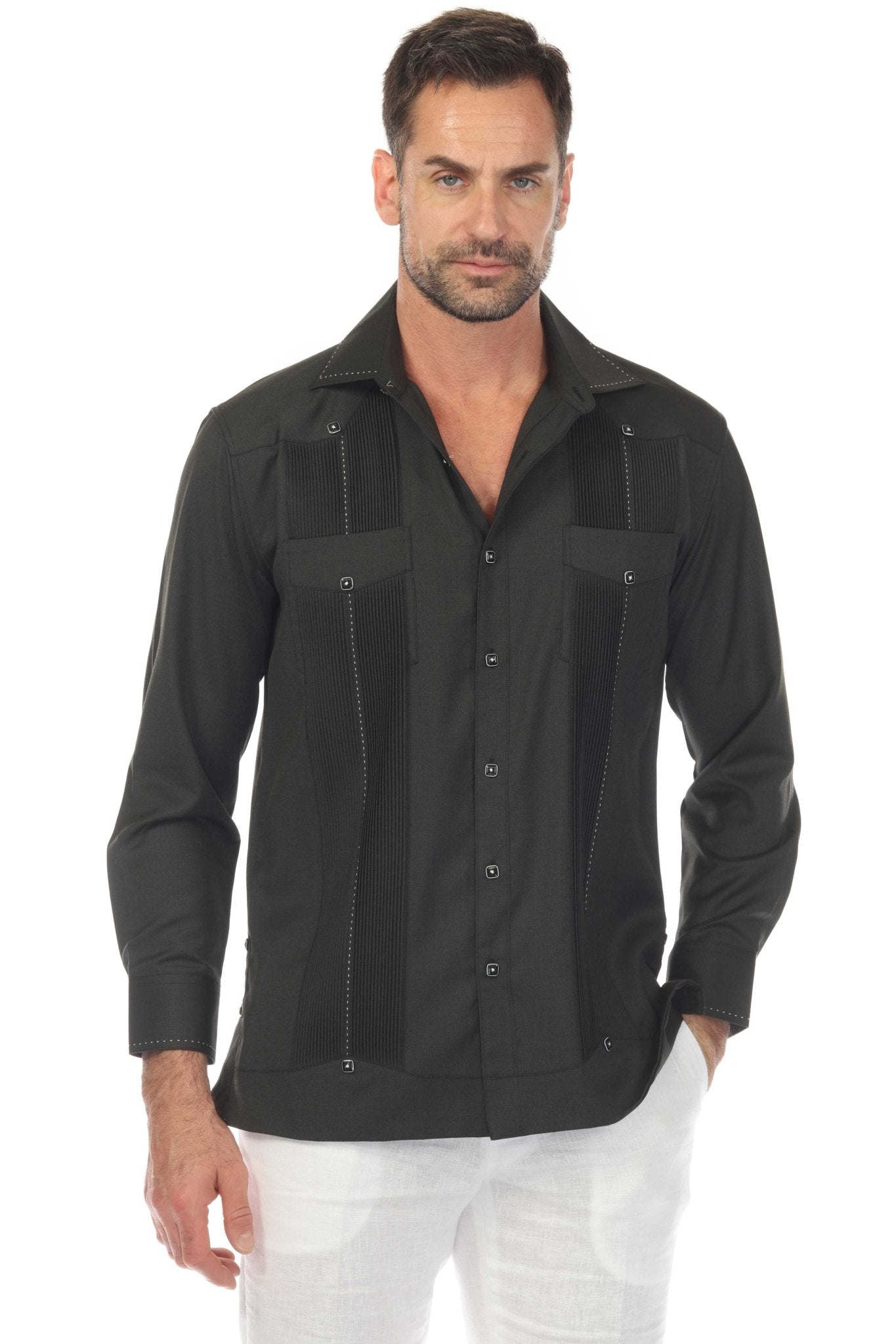 Front view of a man modeling a Black Men’s Long Sleeve Two-Pocket Guayabera Shirt with pick stitching detail.