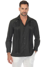 Front view of a man modeling a Black Men’s Long Sleeve Two-Pocket Guayabera Shirt with pick stitching detail.