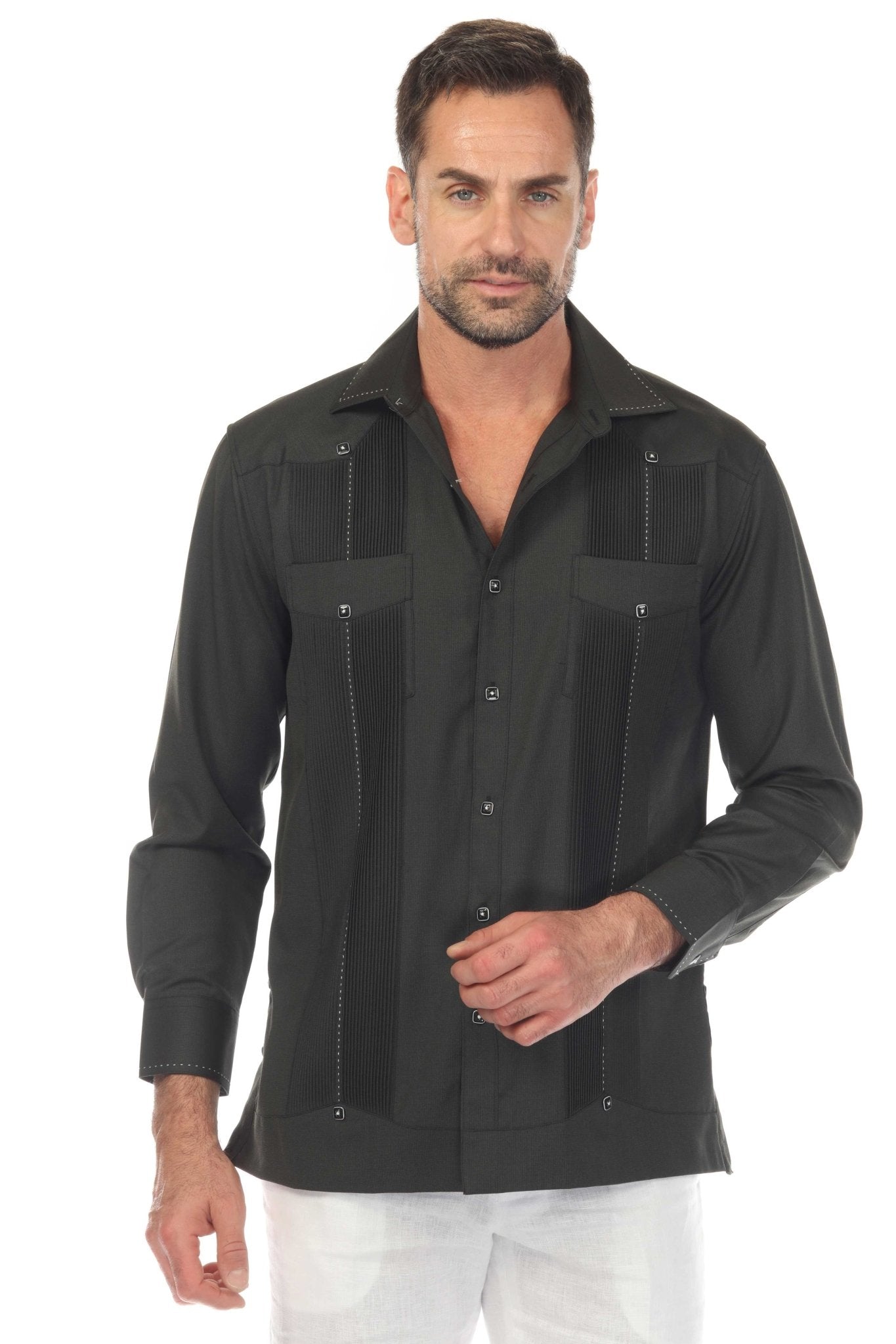 Front view of a man wearing a Black Men’s Long Sleeve Two-Pocket Guayabera Shirt with Pick Stitching.