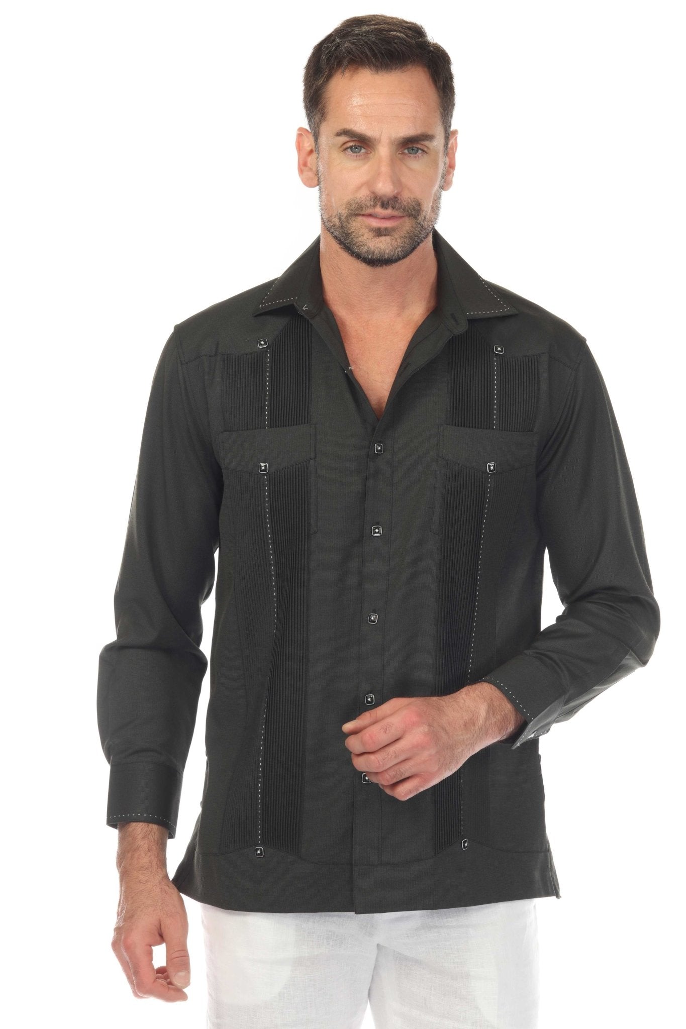 Front view of a man wearing a Black Men’s Long Sleeve Two-Pocket Guayabera Shirt with Pick Stitching.