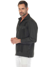 Side view of a man wearing a Black Men’s Long Sleeve Two-Pocket Guayabera Shirt showing pick stitching detail.