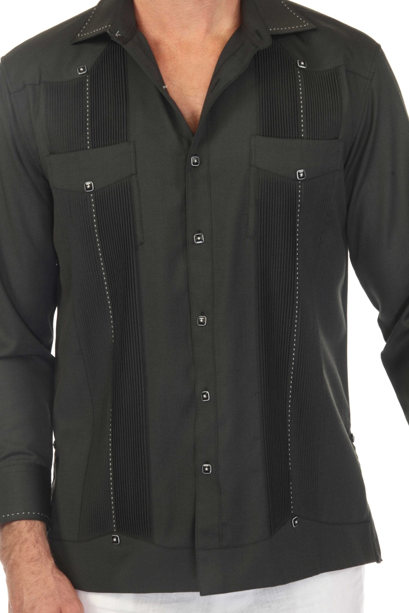 Black Men’s Long Sleeve Two-Pocket Guayabera Shirt with pick stitching detail, shown on a model.