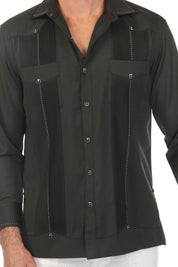 Black Men’s Long Sleeve Two-Pocket Guayabera Shirt with pick stitching detail, shown on a model.