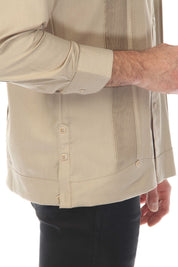 Closeup of a tan Men's Long Sleeve Two-Pocket Guayabera Shirt, showing the side pleats and pick stitching detail.