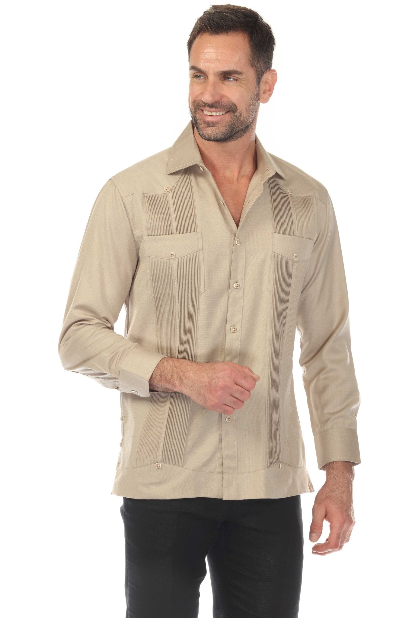 Front view of a tan Men’s Long Sleeve Two-Pocket Guayabera Shirt with Pick Stitching.