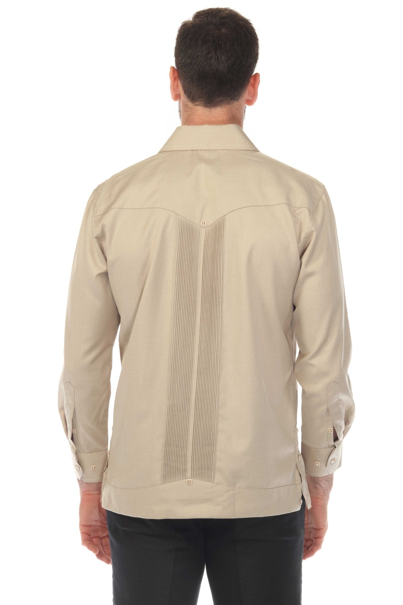 Back view of a tan Men’s Long Sleeve Two-Pocket Guayabera Shirt with pick stitching detail.
