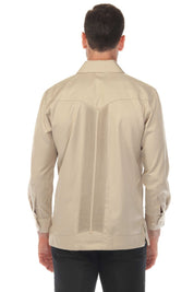 Back view of a tan Men’s Long Sleeve Two-Pocket Guayabera Shirt with pick stitching detail.
