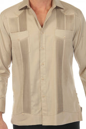Close-up of a tan Men’s Long Sleeve Two-Pocket Guayabera Shirt, showing its pick stitching detail.