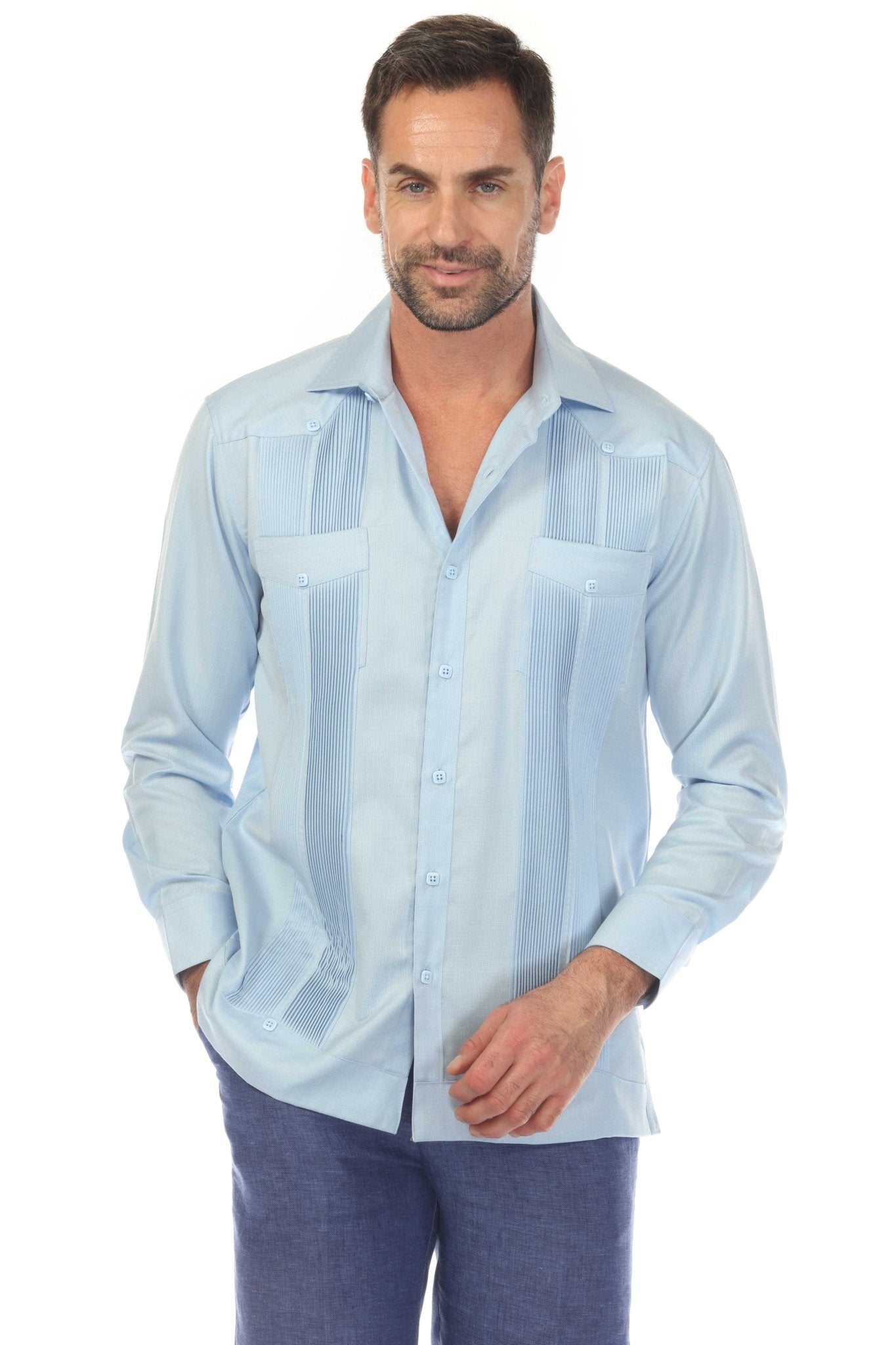 Front view of a light blue Men’s Long Sleeve Two-Pocket Guayabera Shirt with pick stitching detail.