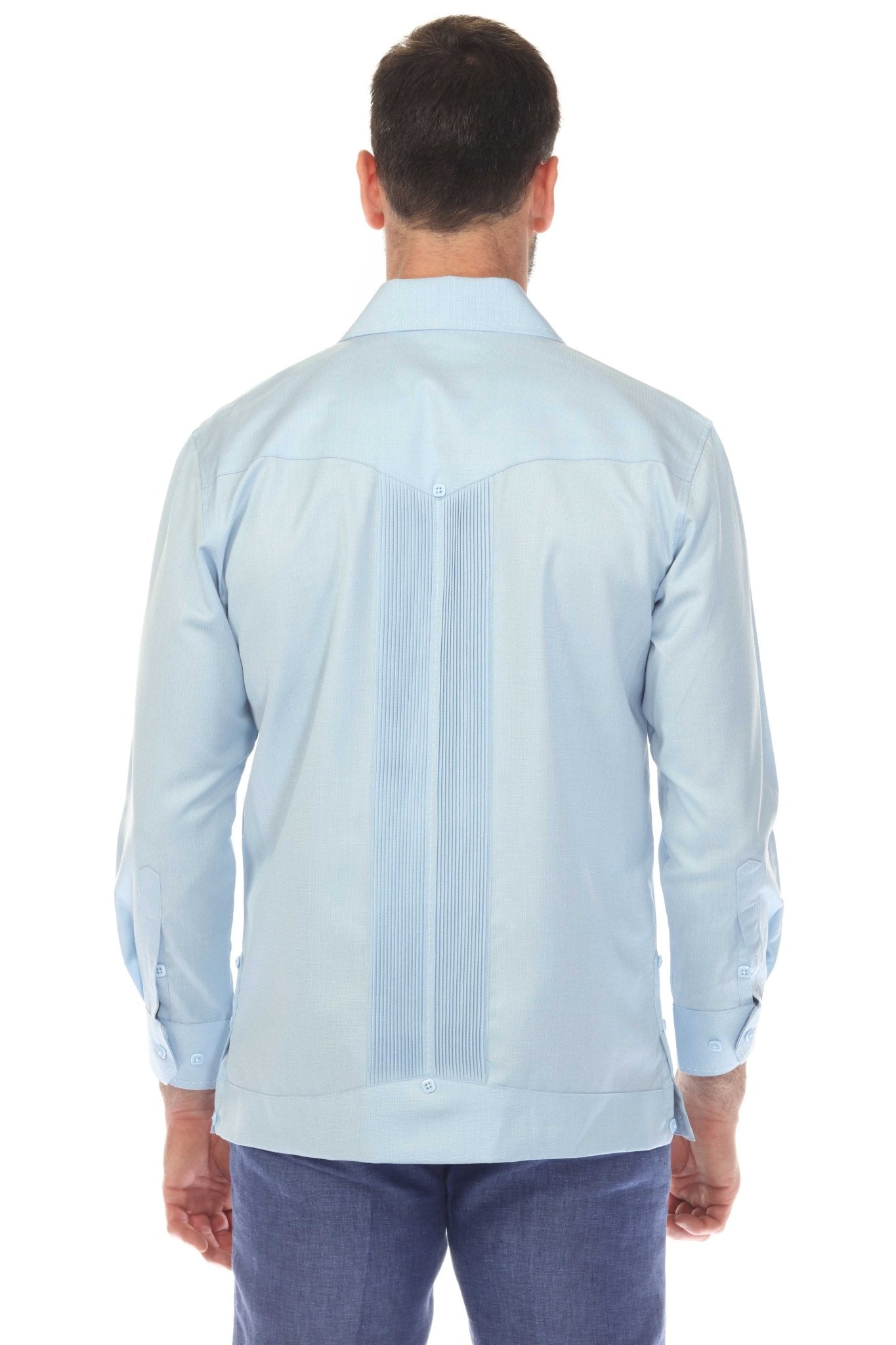 Back view of a light blue Men’s Long Sleeve Two-Pocket Guayabera Shirt with pleated details.