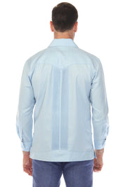 Back view of a light blue Men’s Long Sleeve Two-Pocket Guayabera Shirt with pleated details.