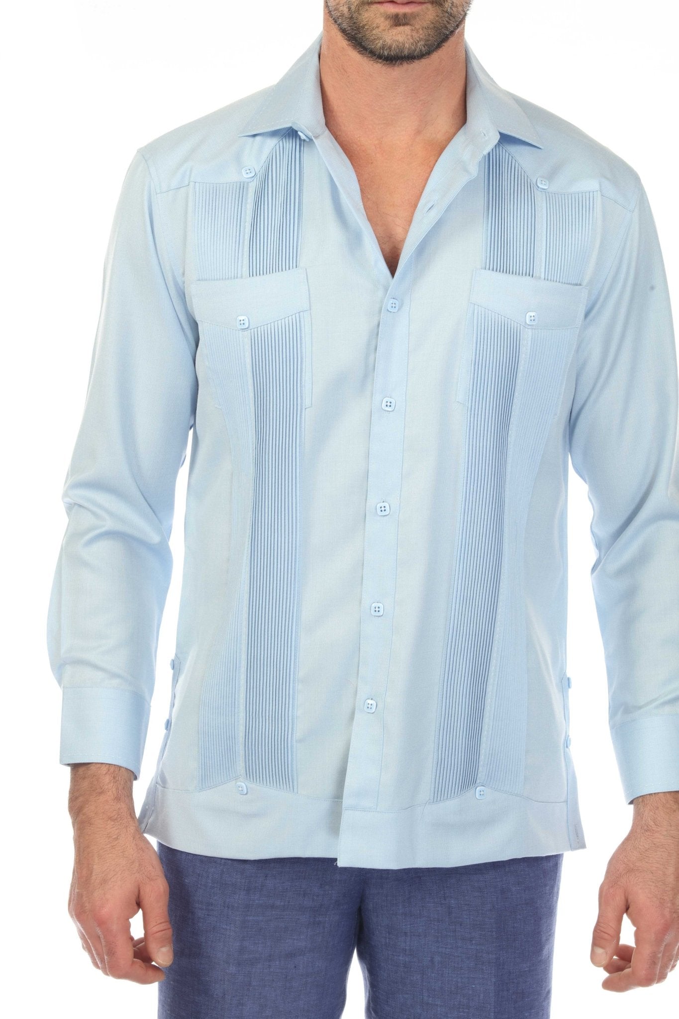 Front view of a light blue Men’s Long Sleeve Two-Pocket Guayabera Shirt, showing pick stitching detail.