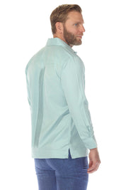 Back view of a light green Men’s Long Sleeve Two-Pocket Guayabera Shirt with pick stitching detail.