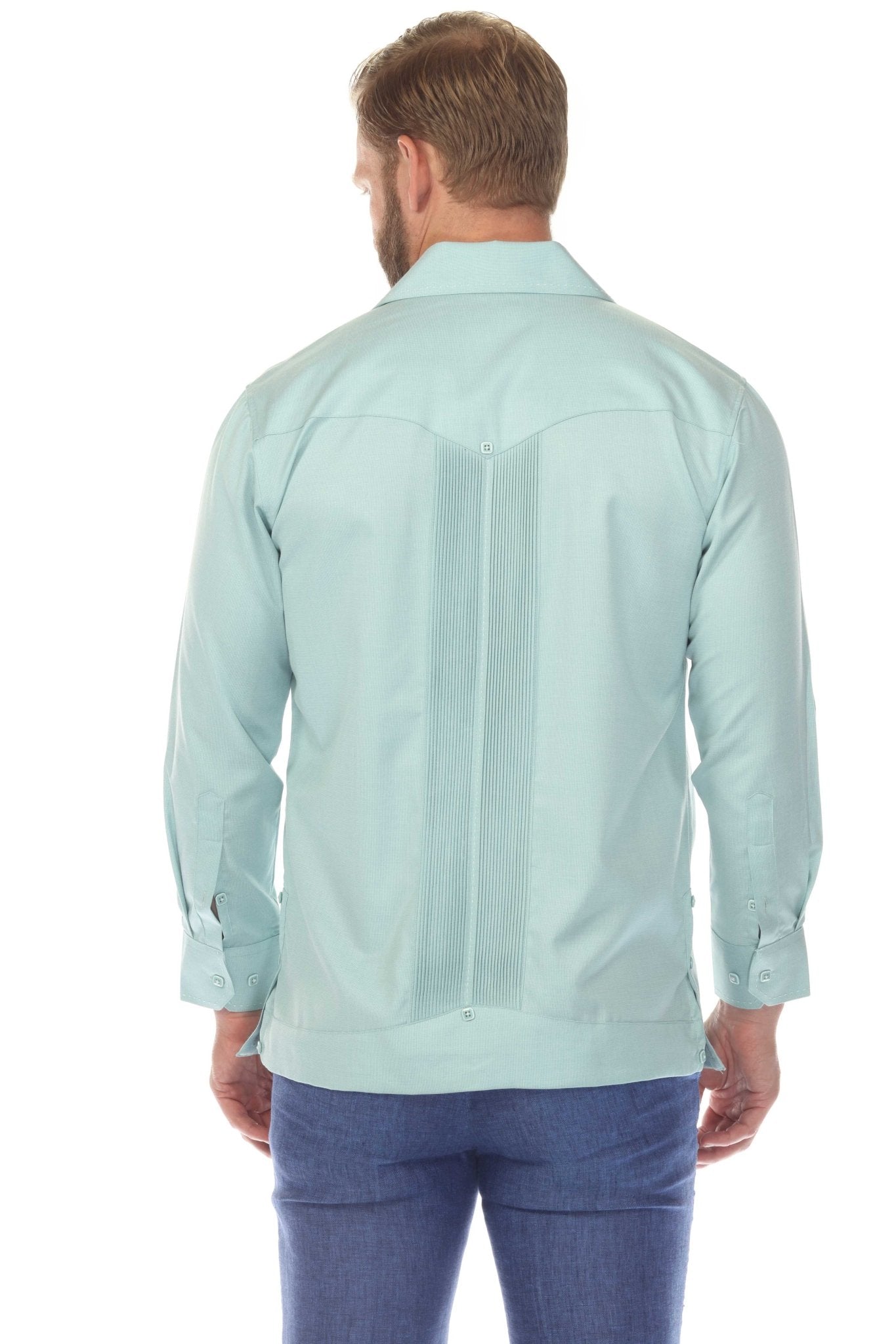 Back view of a man wearing a light blue Men’s Long Sleeve Two-Pocket Guayabera Shirt, showing pleated detail.