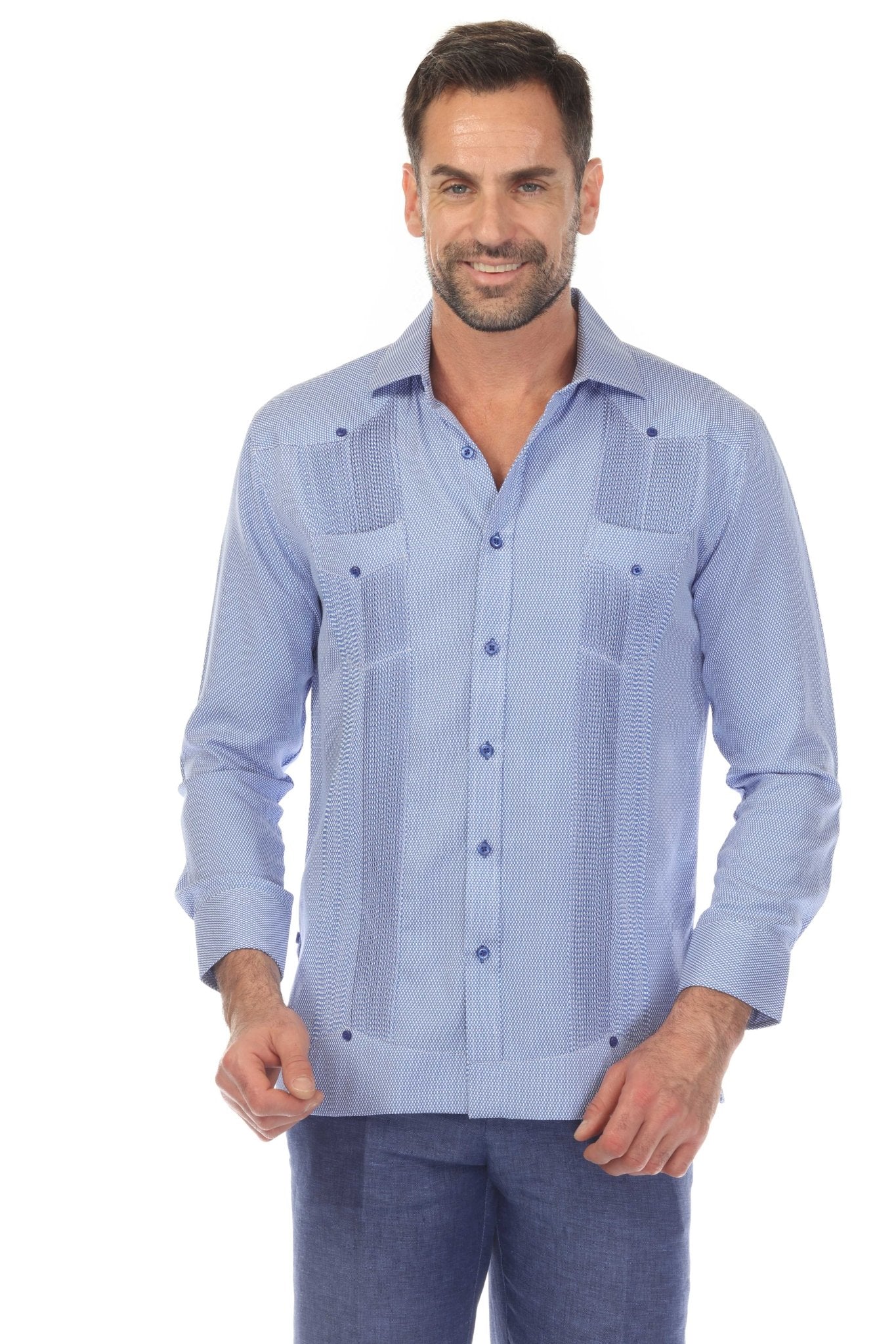 Camisa Guayabera Chacabana de Mezcla de Algodón para Hombre, Manga Larga, con Estampado Microtexturizado