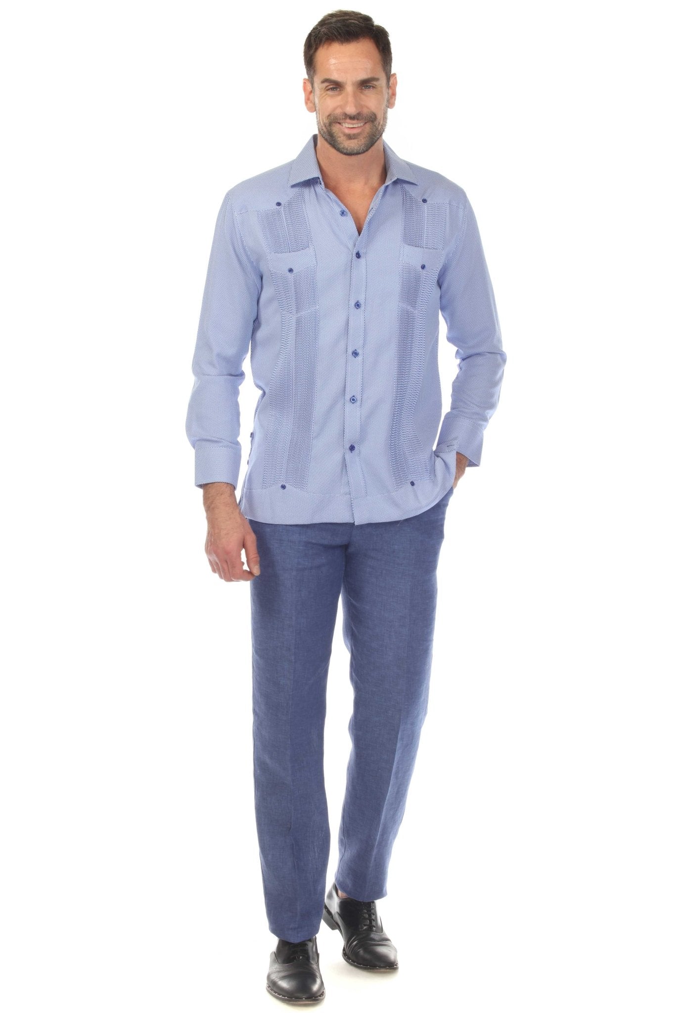 Camisa Guayabera Chacabana de Mezcla de Algodón para Hombre, Manga Larga, con Estampado Microtexturizado