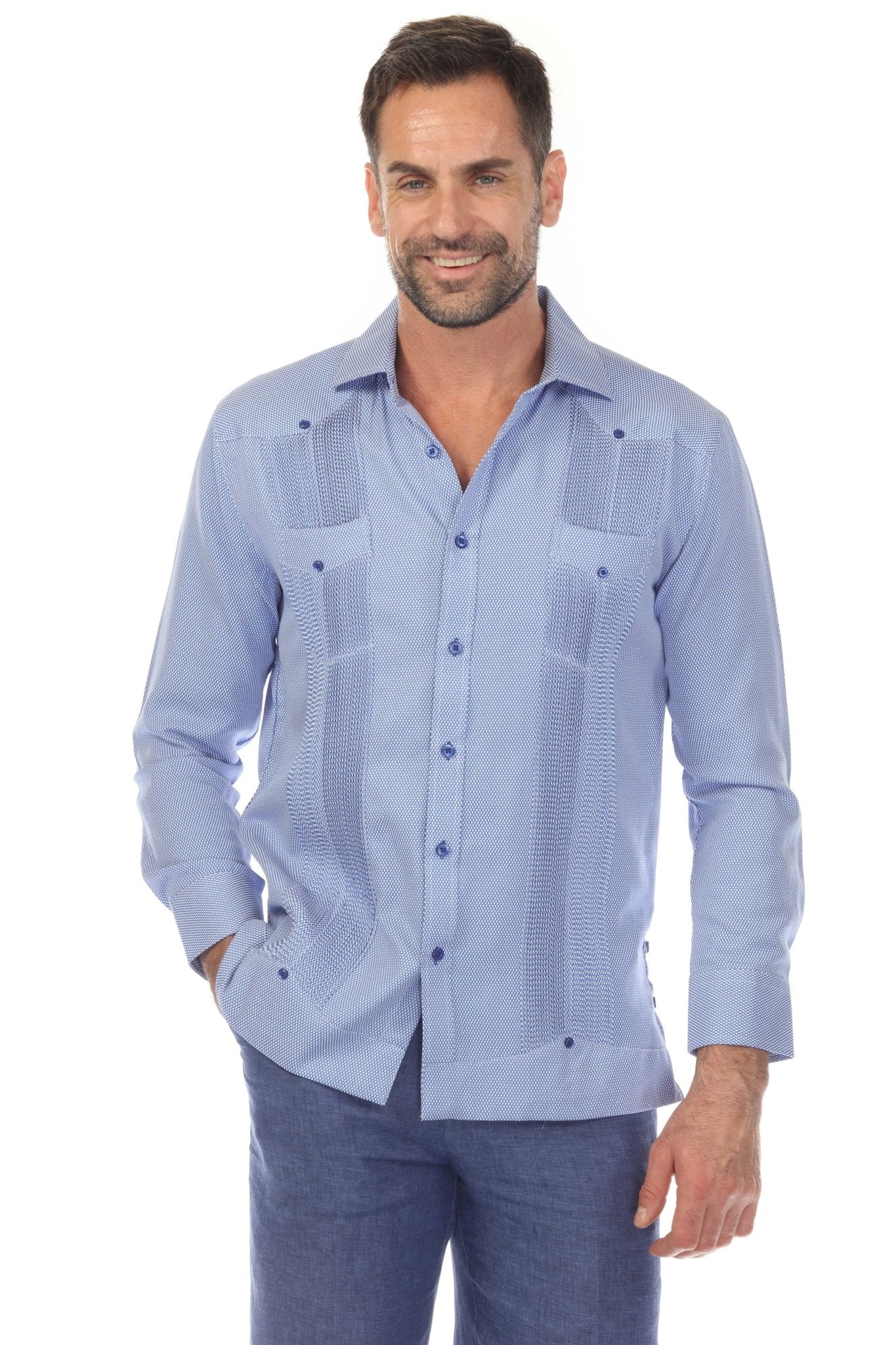 Camisa Guayabera Chacabana de Mezcla de Algodón para Hombre, Manga Larga, con Estampado Microtexturizado