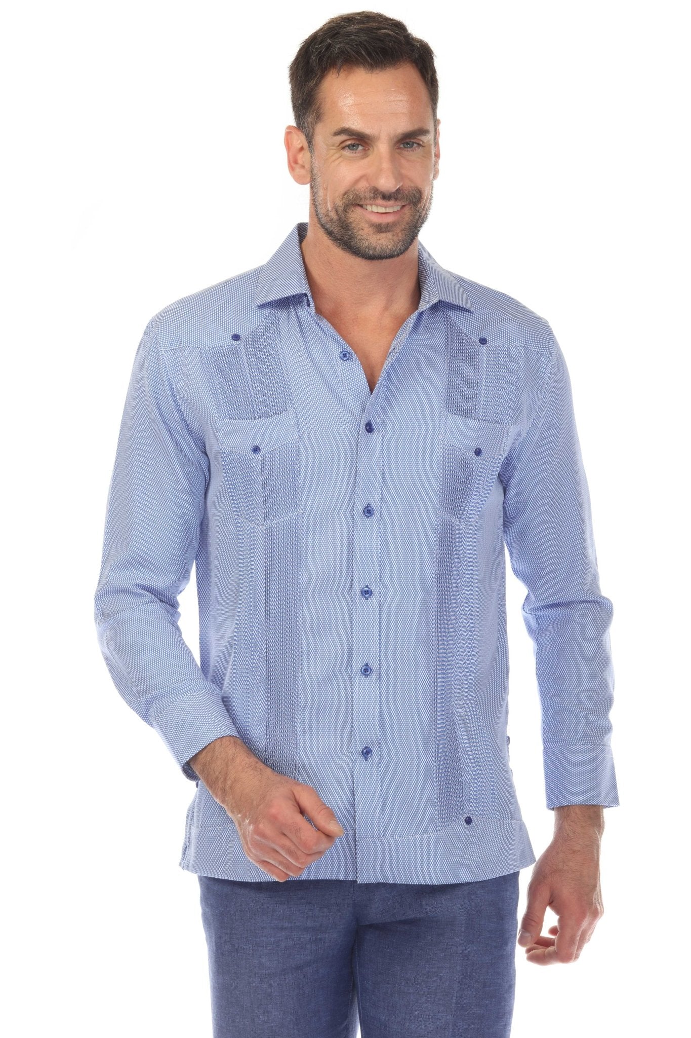 Camisa Guayabera Chacabana de Mezcla de Algodón para Hombre, Manga Larga, con Estampado Microtexturizado