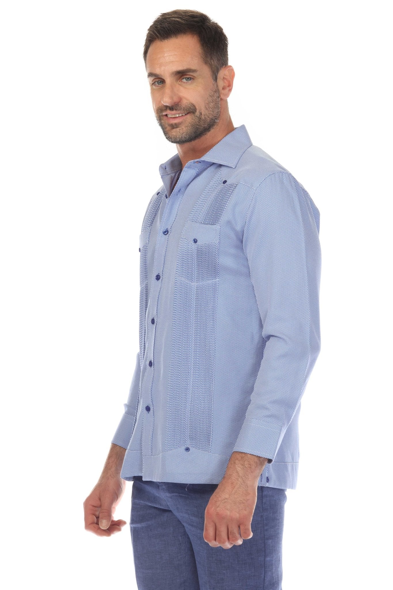 Camisa Guayabera Chacabana de Mezcla de Algodón para Hombre, Manga Larga, con Estampado Microtexturizado