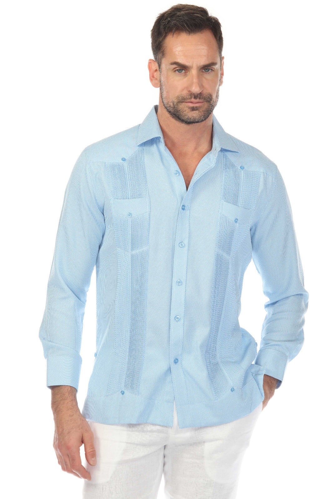 Camisa Guayabera Chacabana de Mezcla de Algodón para Hombre, Manga Larga, con Estampado Microtexturizado
