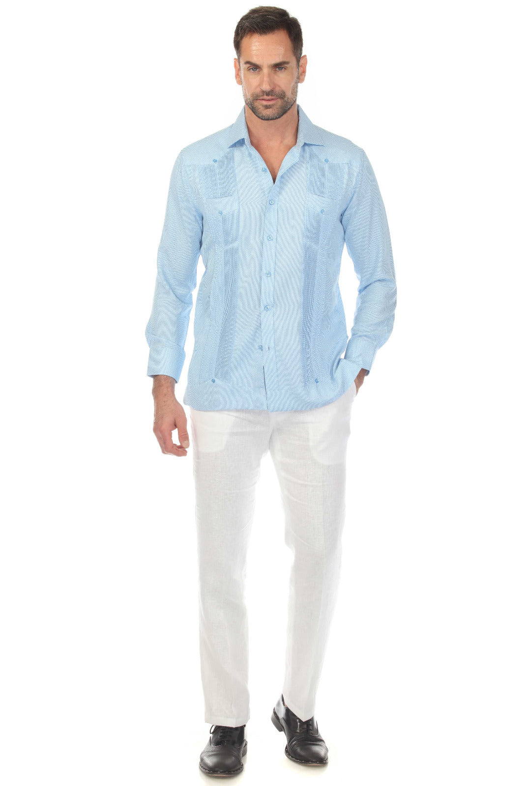 Camisa Guayabera Chacabana de Mezcla de Algodón para Hombre, Manga Larga, con Estampado Microtexturizado