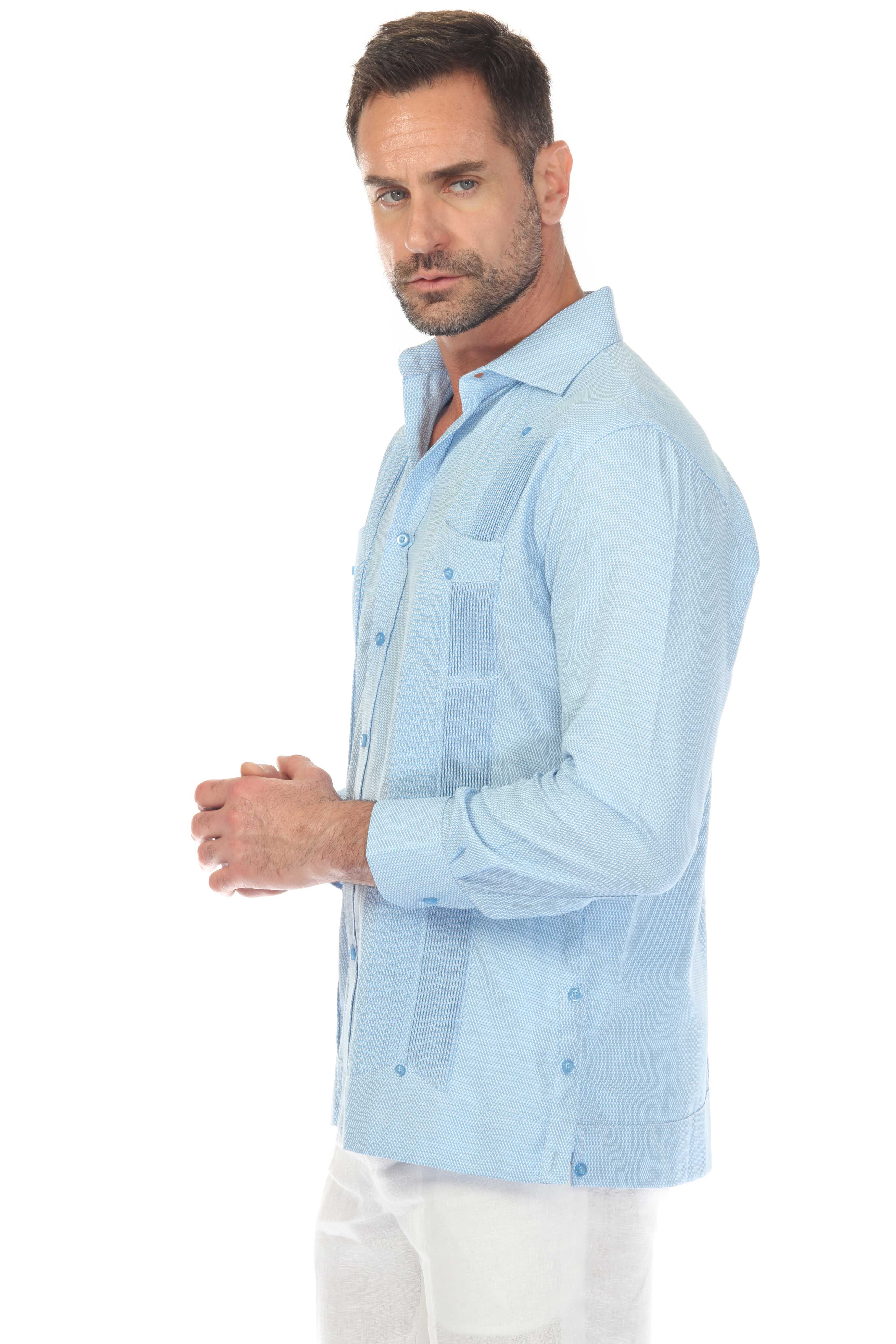 Camisa Guayabera Chacabana de Mezcla de Algodón para Hombre, Manga Larga, con Estampado Microtexturizado