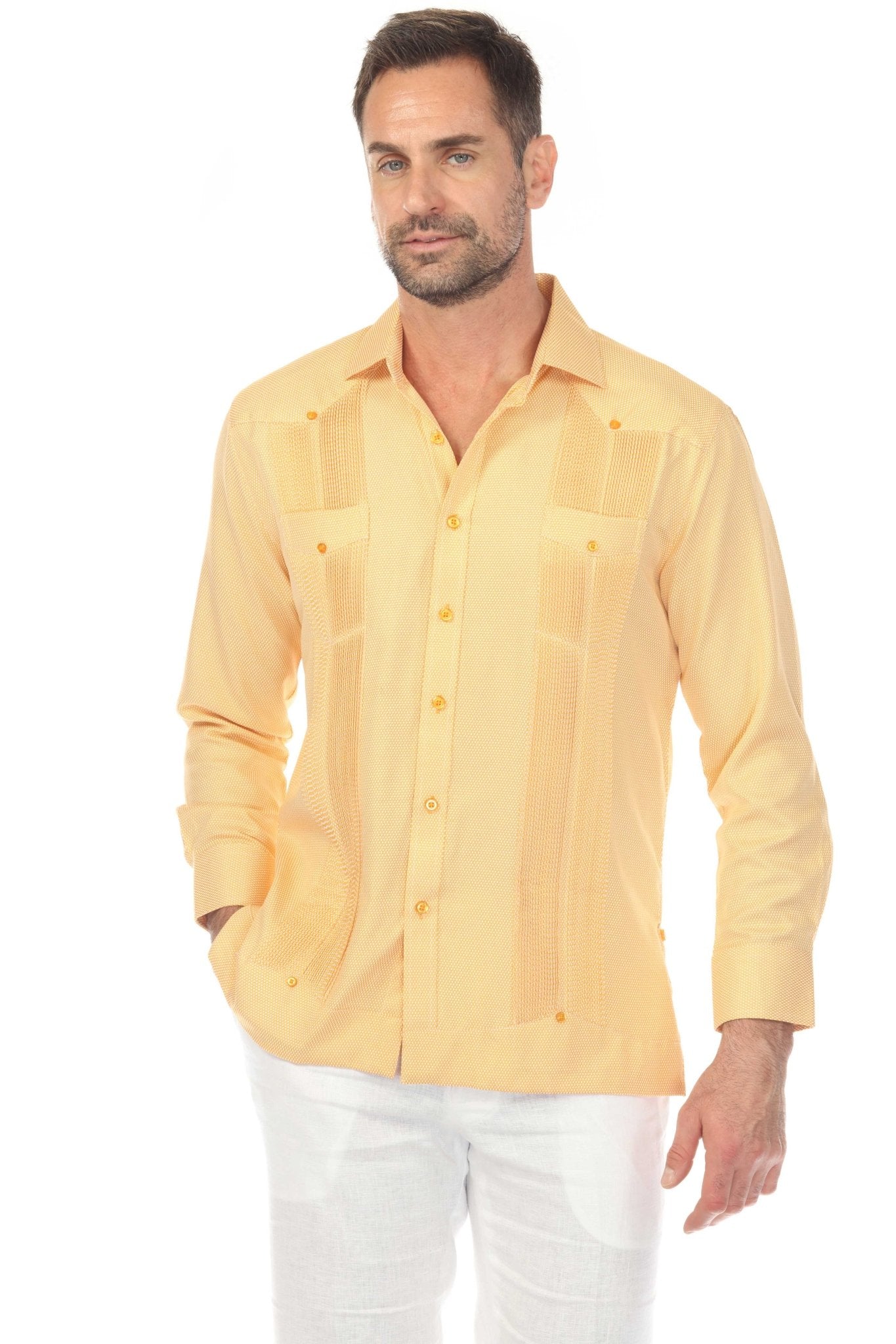 【YELLOW】Leno cloth guayabera shirt Bohio Guayabera Shirt for Men - Yellow Cuban Traditional (4