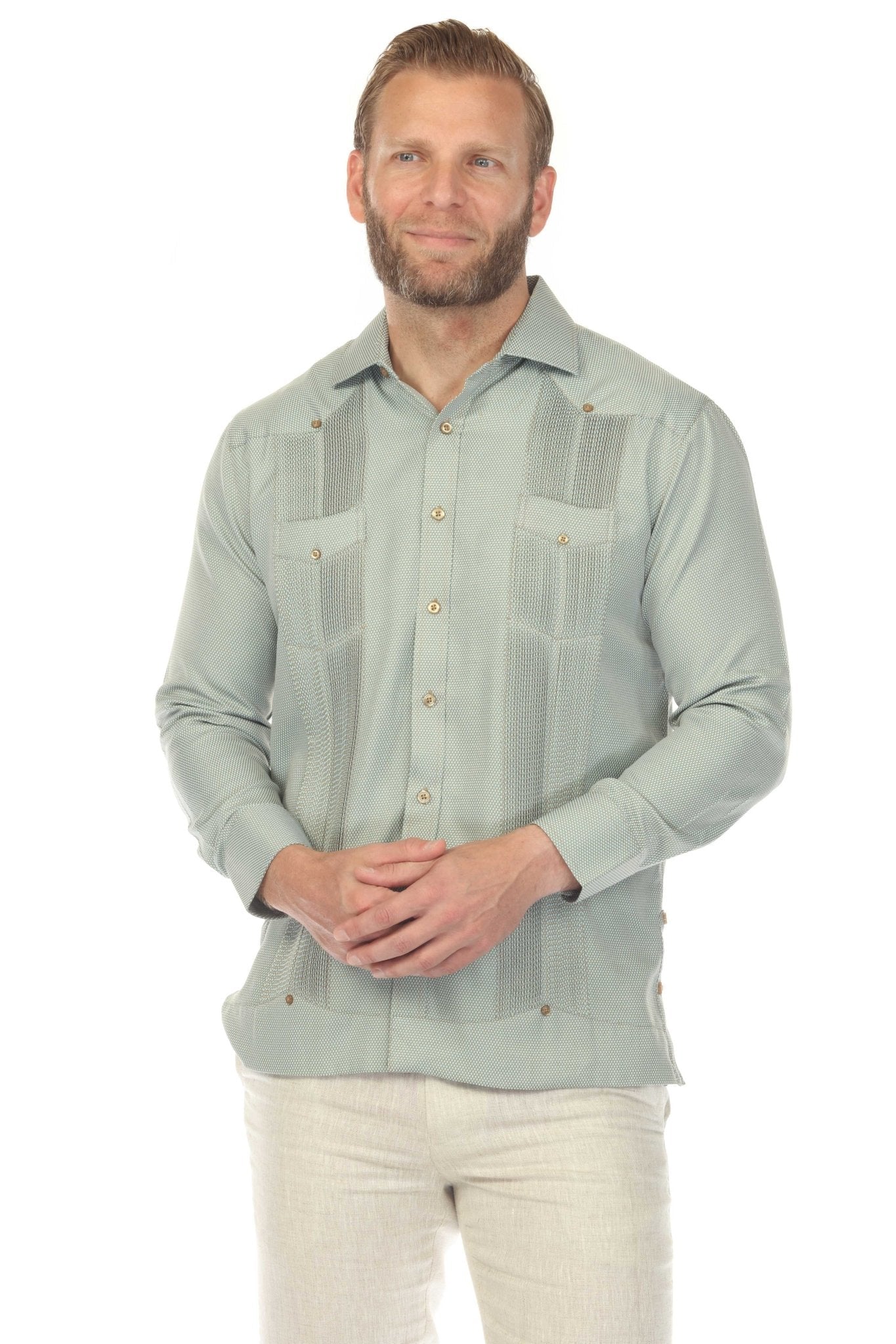 Camisa Guayabera Chacabana de Mezcla de Algodón para Hombre, Manga Larga, con Estampado Microtexturizado