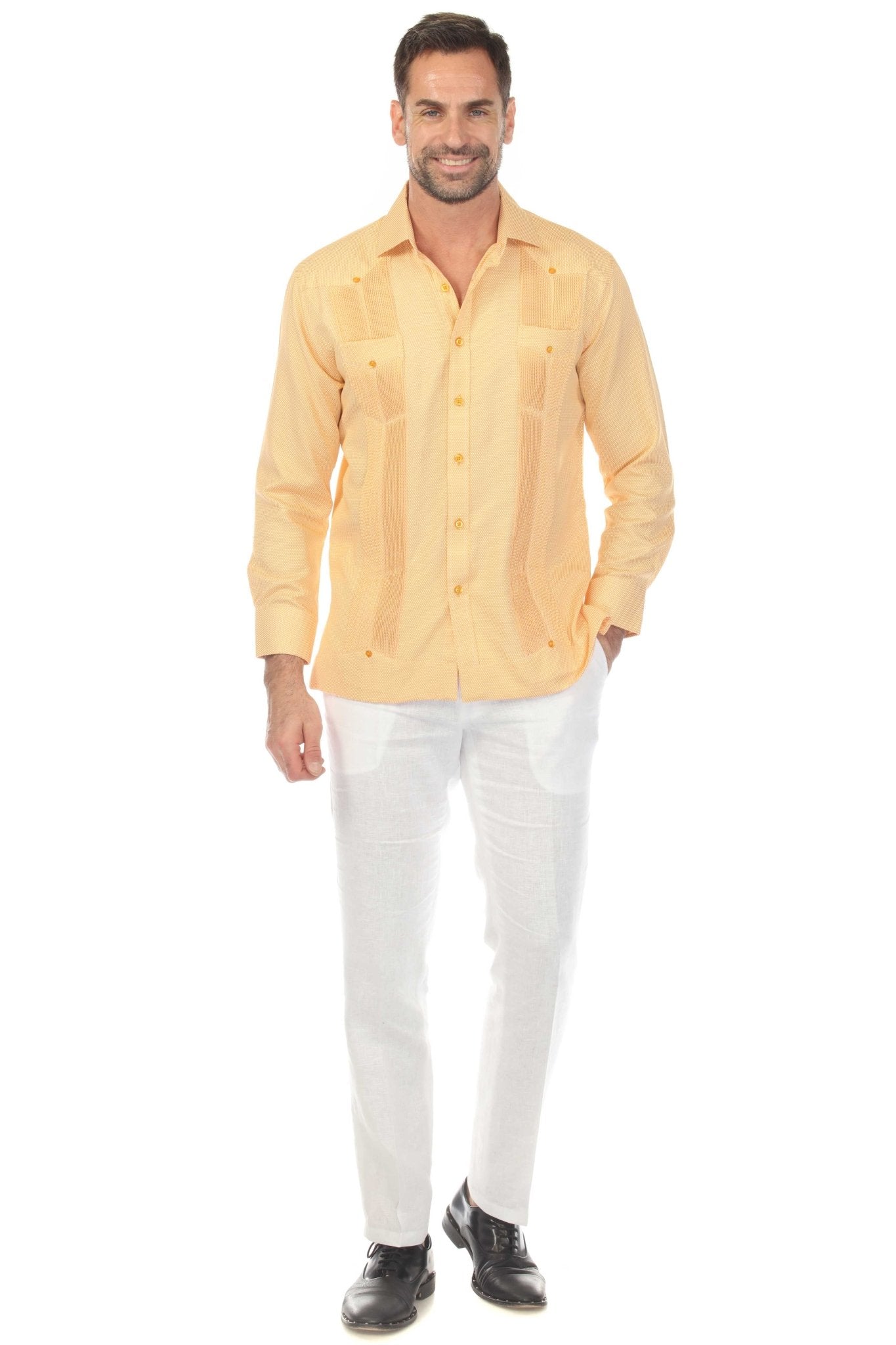 【YELLOW】Leno cloth guayabera shirt Men's 100% Linen Guayabera Shirt Long Sleeve – Mojito Collection