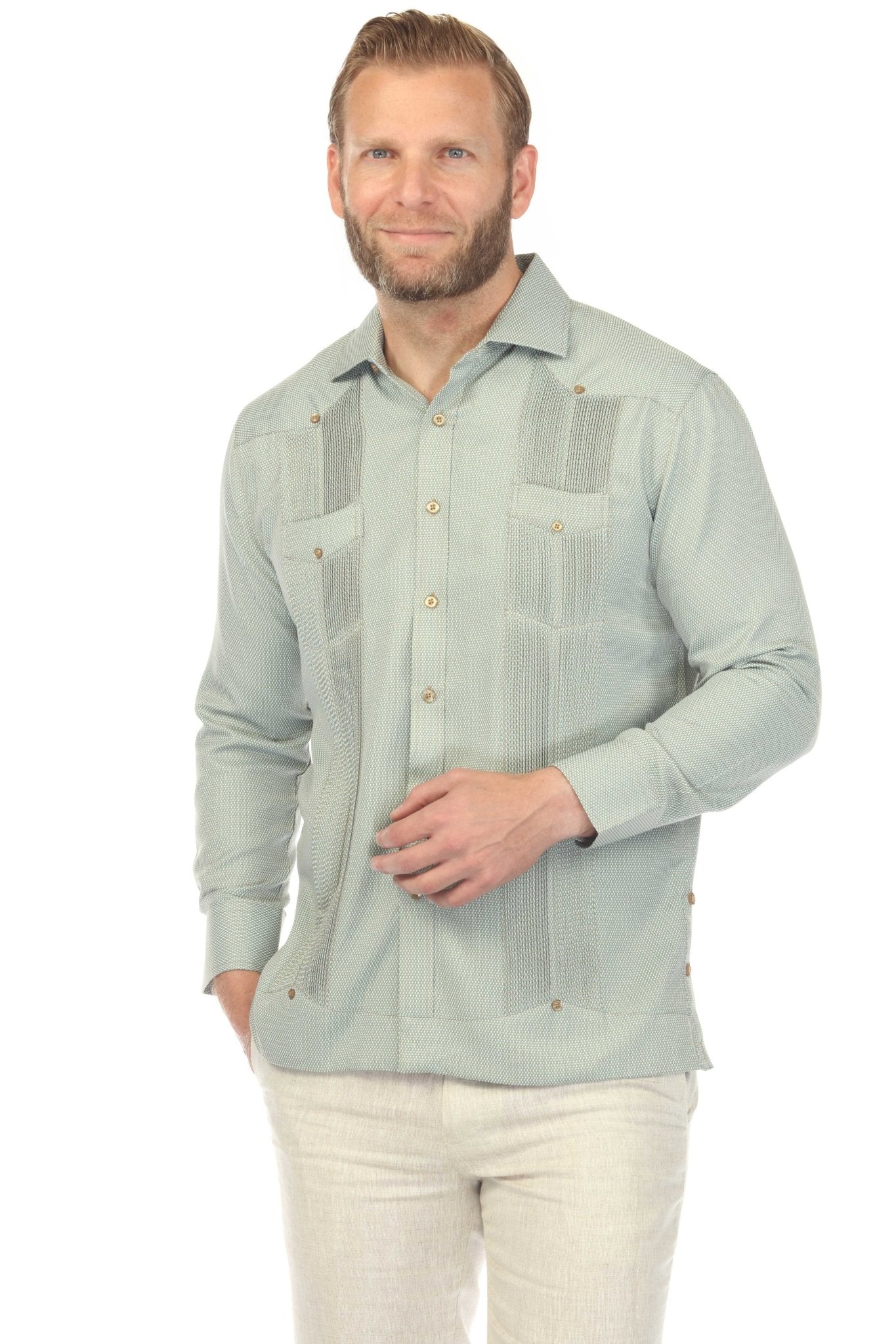Camisa Guayabera Chacabana de Mezcla de Algodón para Hombre, Manga Larga, con Estampado Microtexturizado