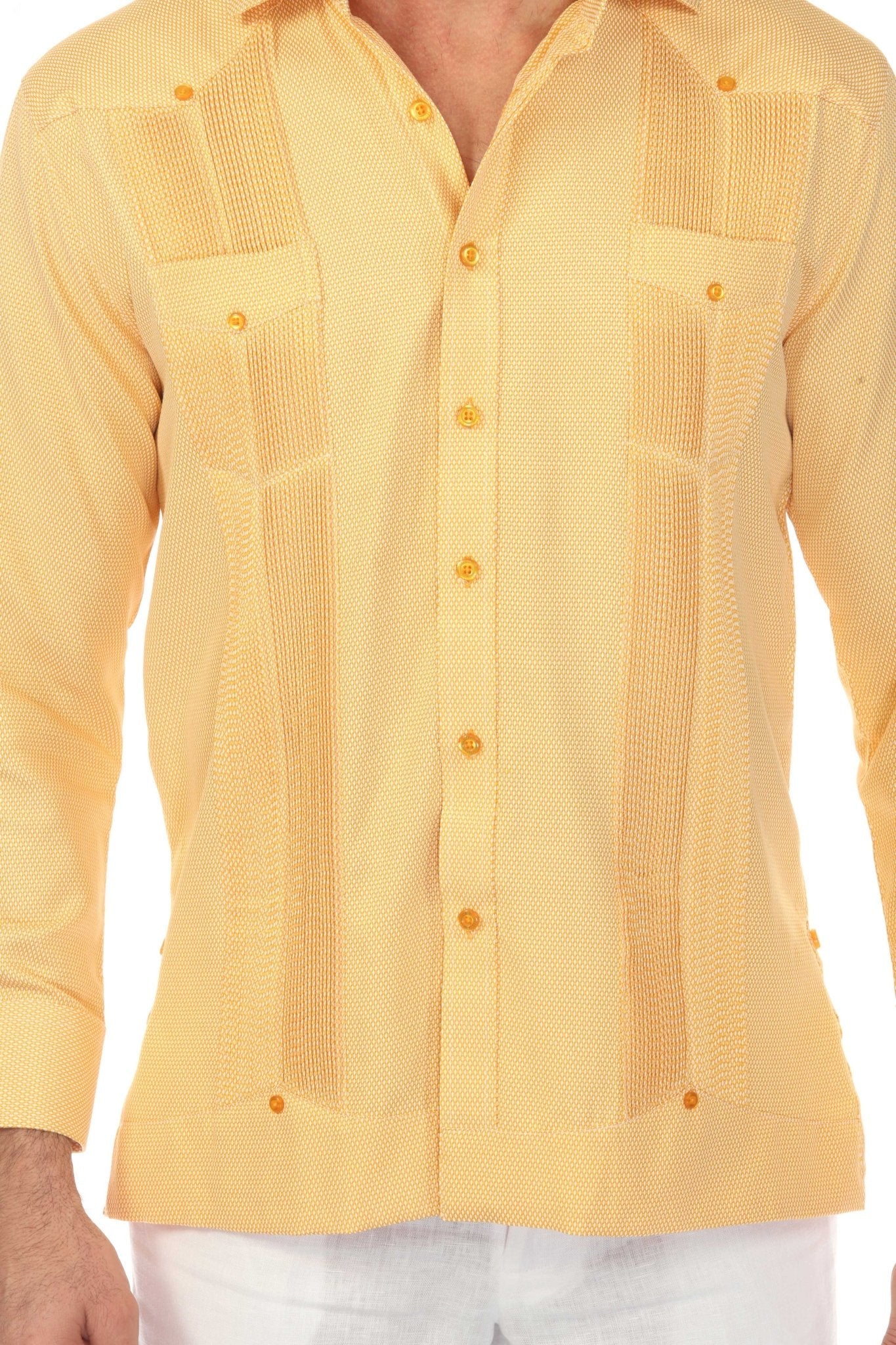Close-up of a Mojito Reserve Men's Two-Pocket Guayabera in yellow, showing textured fabric, pockets, and button details.