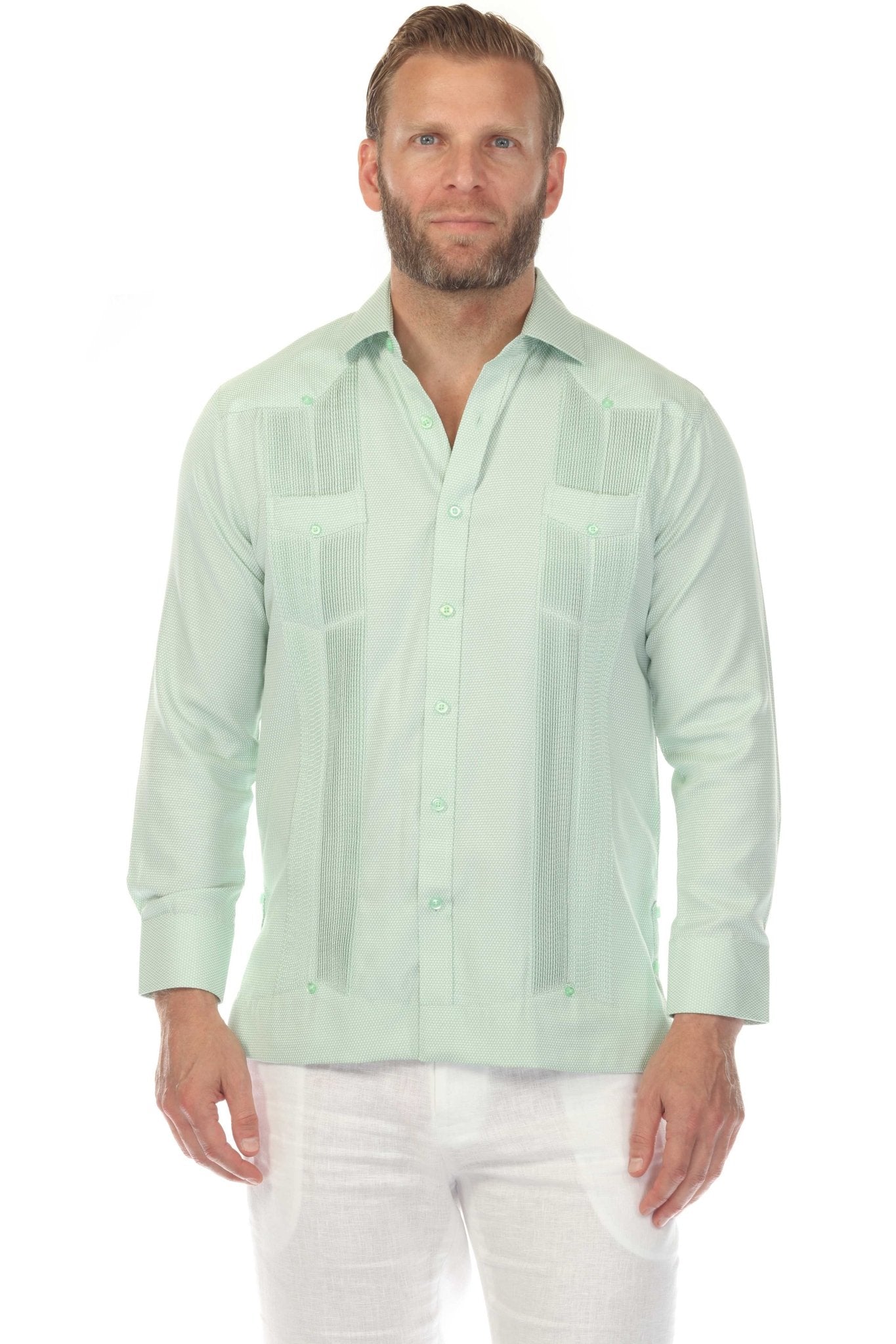Camisa Guayabera Chacabana de Mezcla de Algodón para Hombre, Manga Larga, con Estampado Microtexturizado
