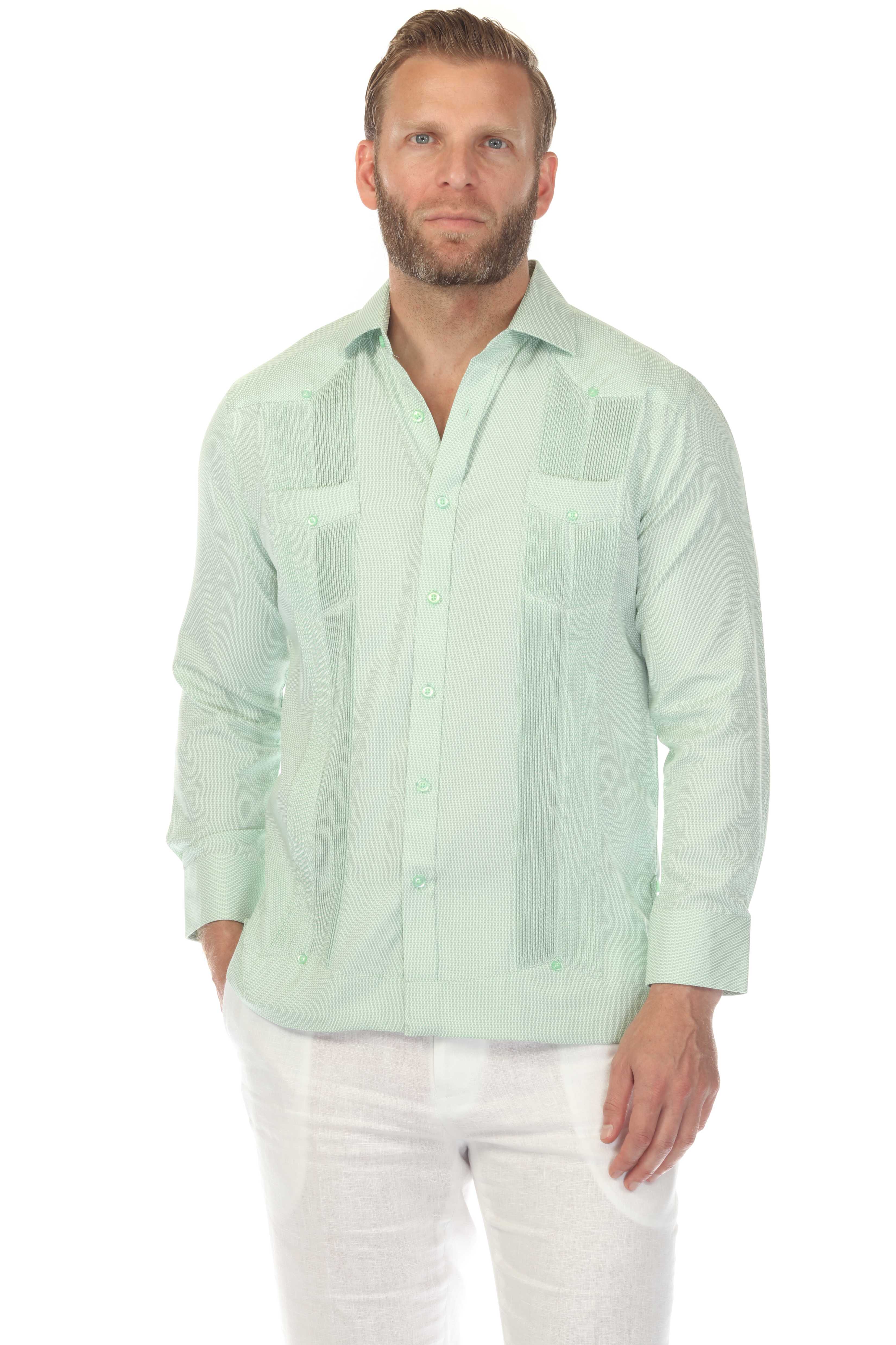 Camisa Guayabera Chacabana de Mezcla de Algodón para Hombre, Manga Larga, con Estampado Microtexturizado