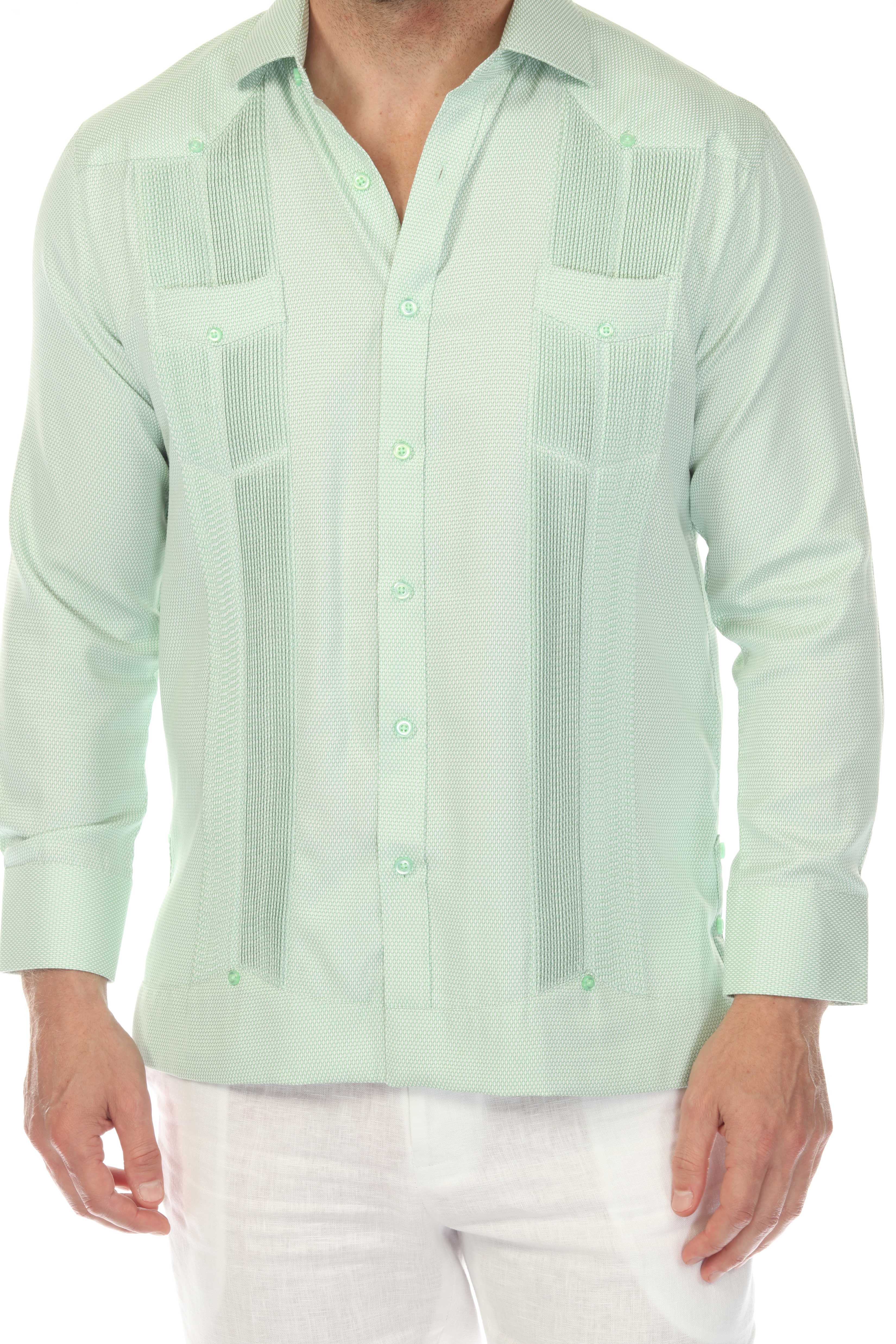 Camisa Guayabera Chacabana de Mezcla de Algodón para Hombre, Manga Larga, con Estampado Microtexturizado