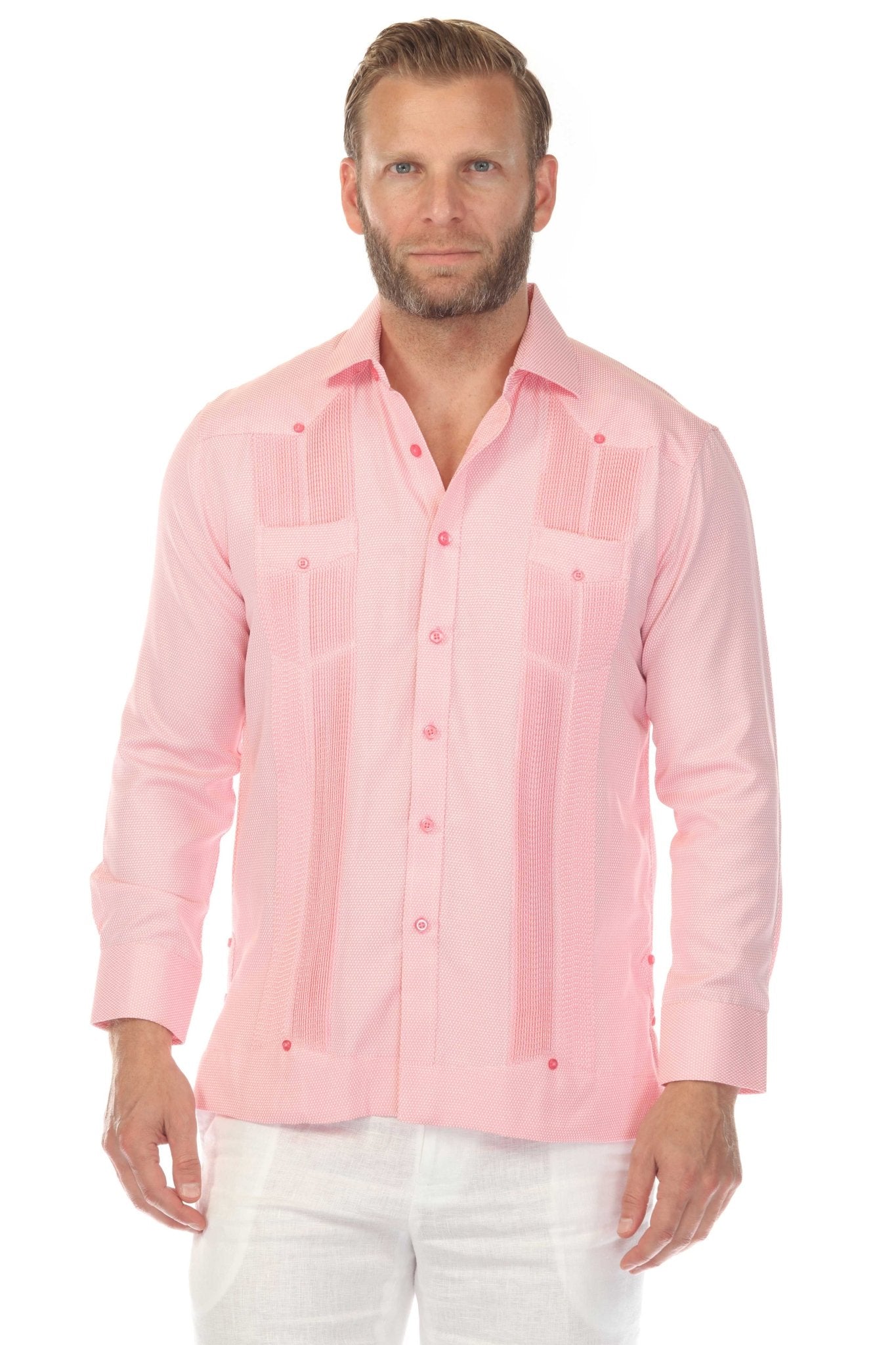 Camisa Guayabera Chacabana de Mezcla de Algodón para Hombre, Manga Larga, con Estampado Microtexturizado