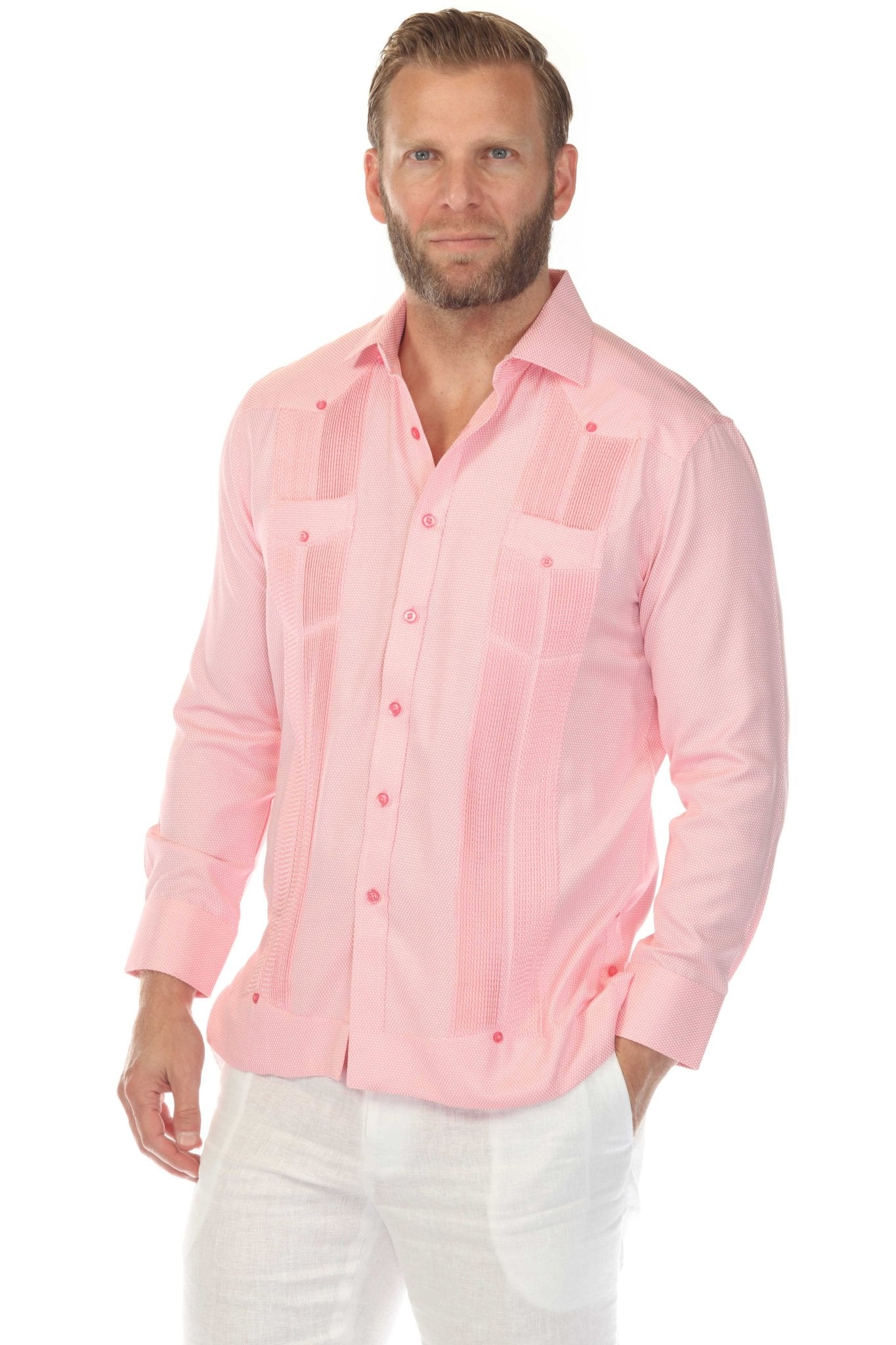 Camisa Guayabera Chacabana de Mezcla de Algodón para Hombre, Manga Larga, con Estampado Microtexturizado