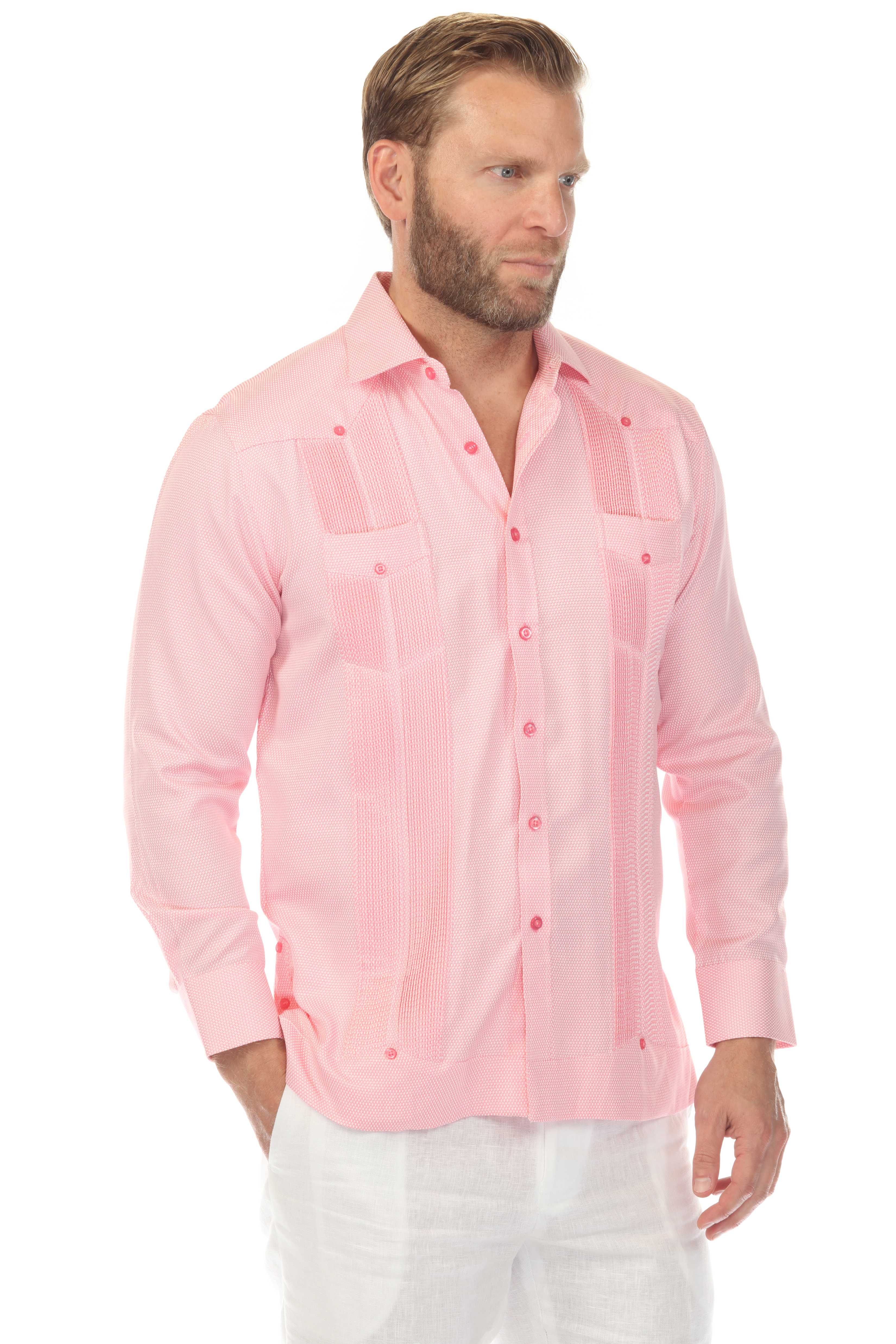 Camisa Guayabera Chacabana de Mezcla de Algodón para Hombre, Manga Larga, con Estampado Microtexturizado