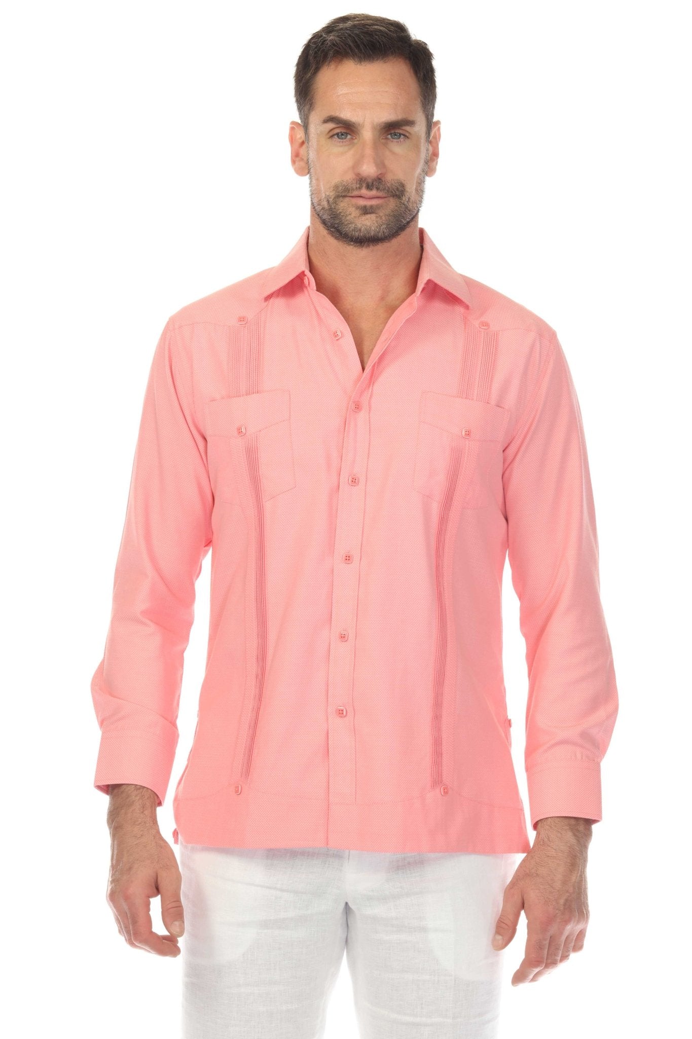 Guayabera elegante de dos bolsillos para hombre con textura y botones cuadrados finos