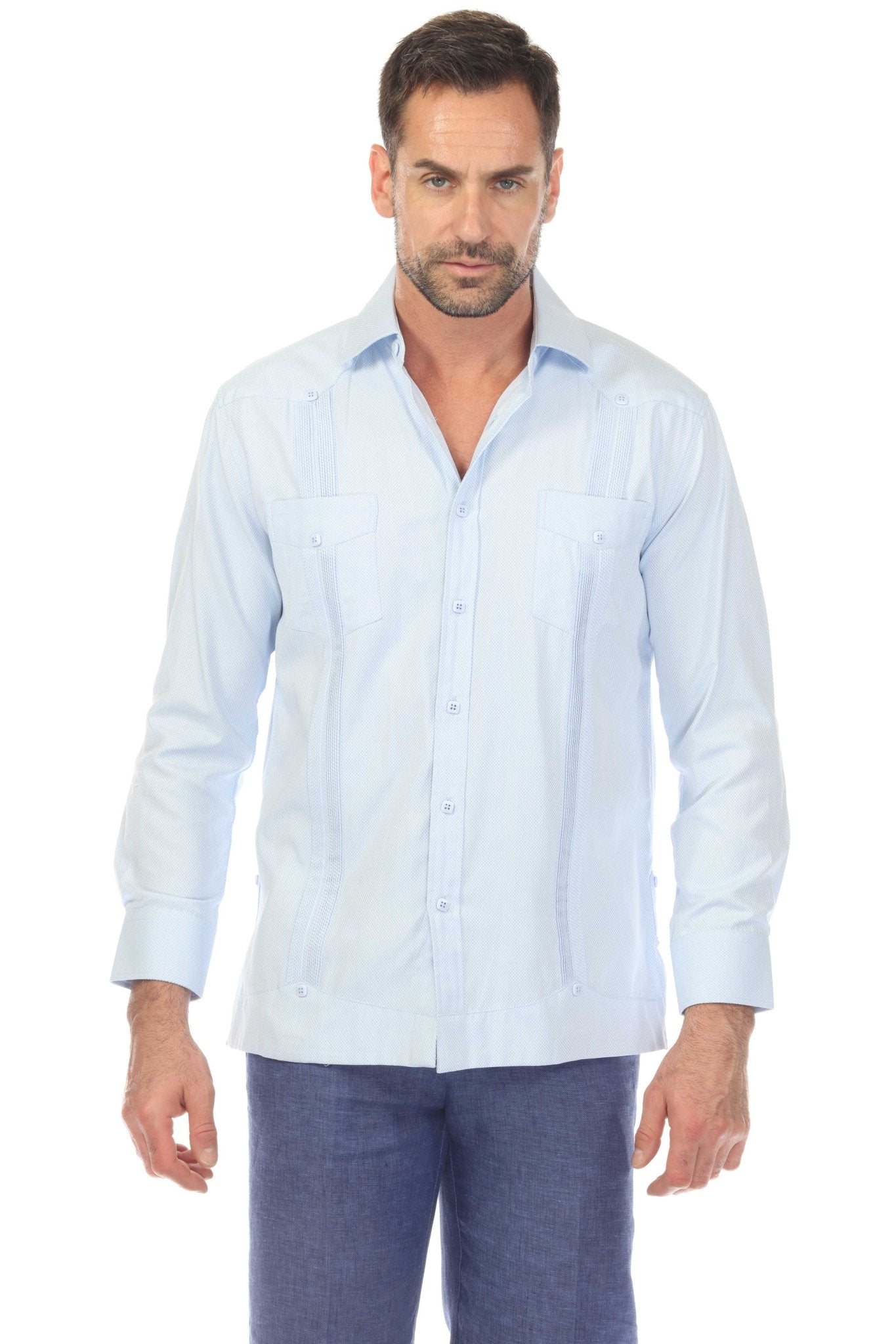 Guayabera elegante de dos bolsillos para hombre con textura y botones cuadrados finos