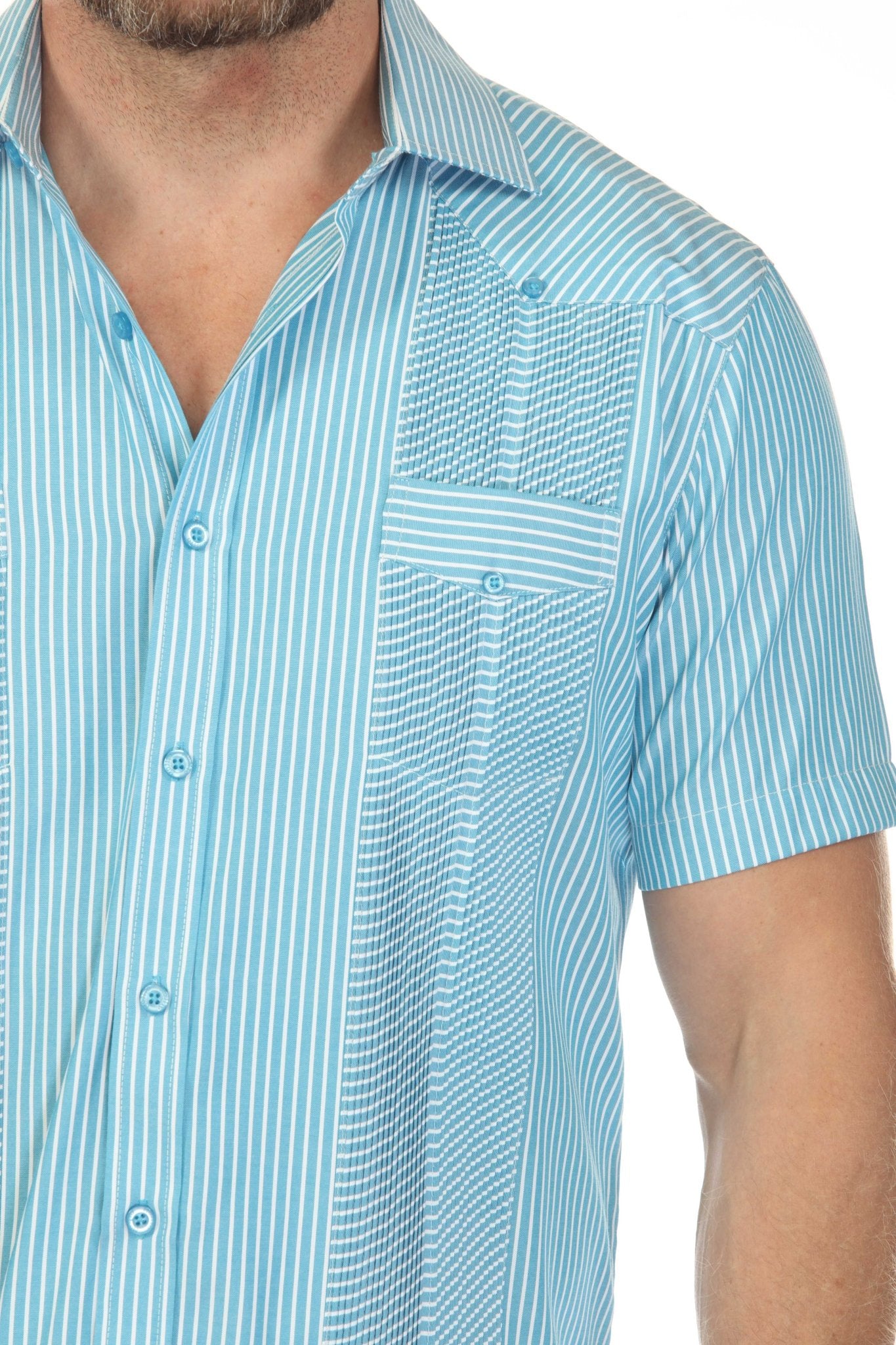 Close-up of a blue and white striped Men’s Two-Pocket Guayabera Shirt showing textured front panels.
